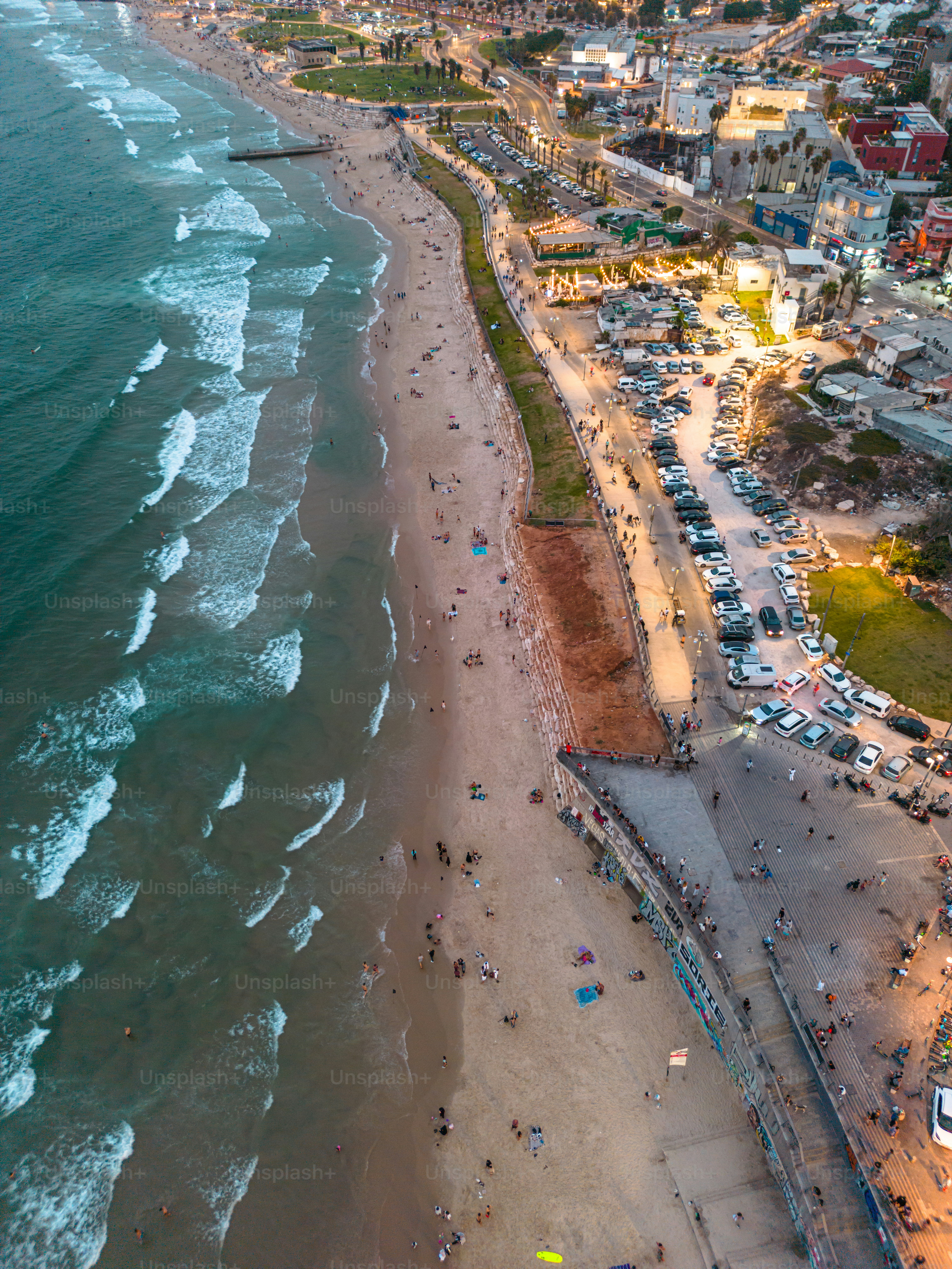 Aerial panoramic photo of the waterfront of Tel Aviv - Yafo  at afternoon and dusk in summer