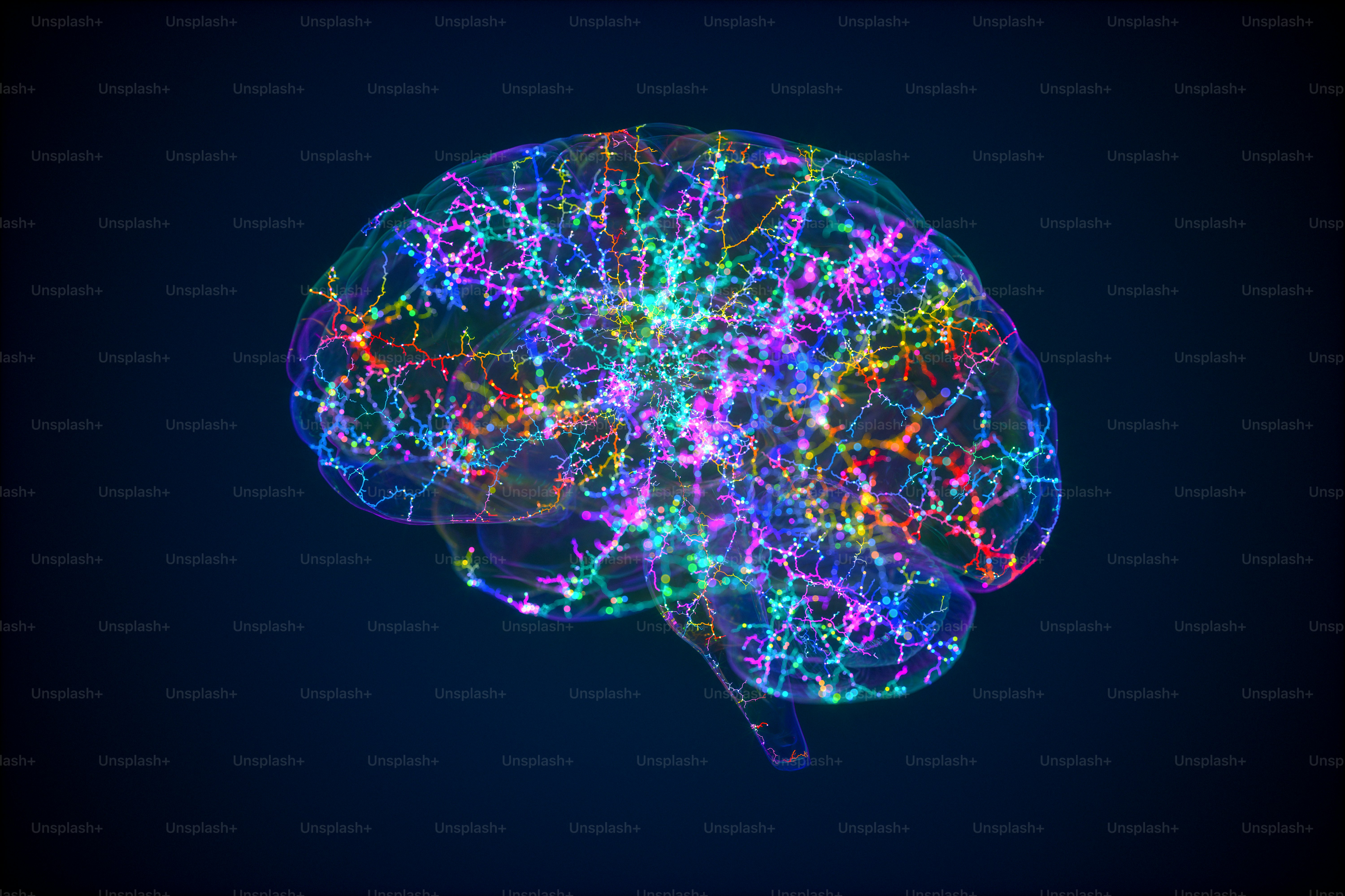 3D human brain with colorful synapses.