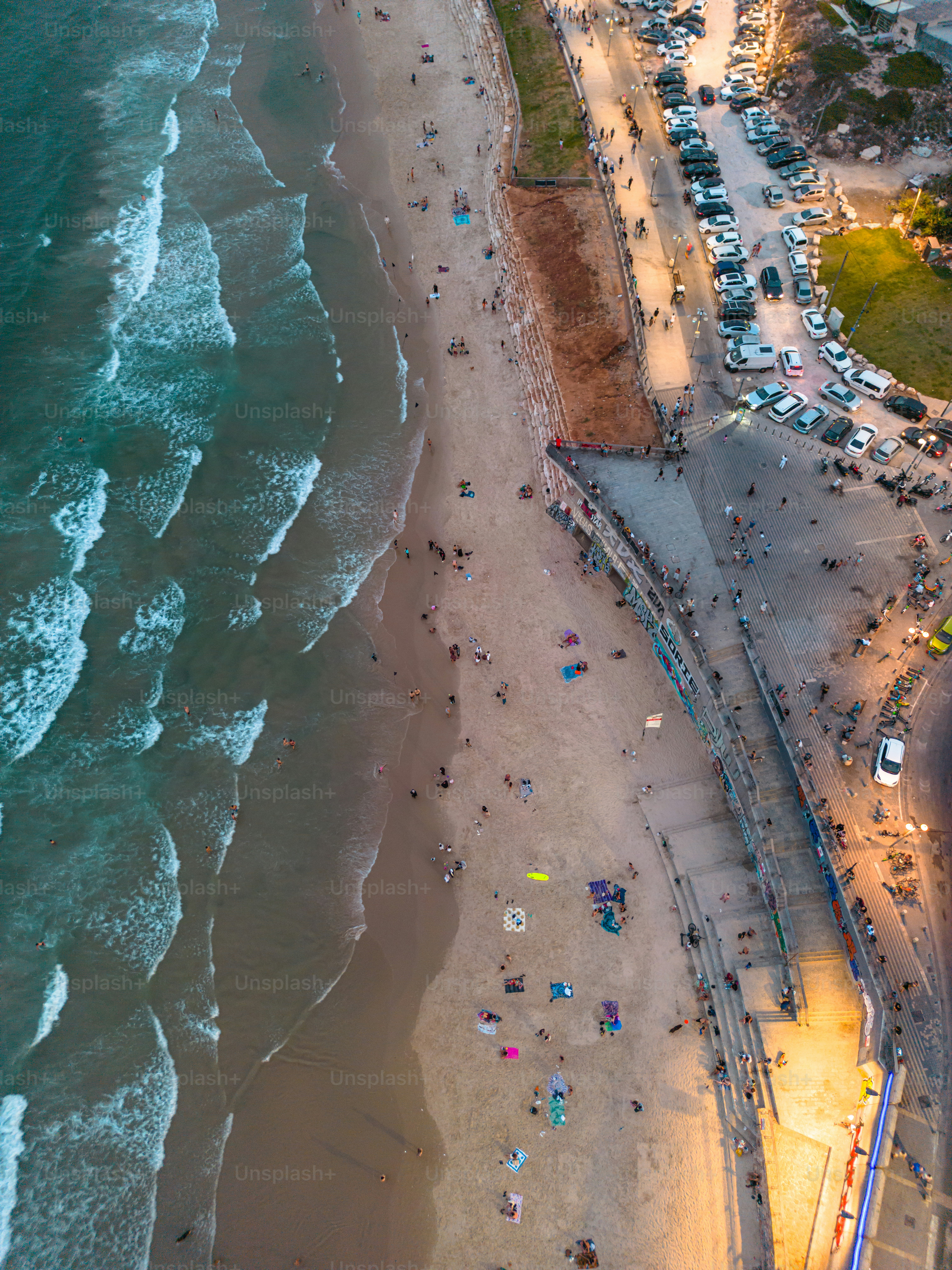 Aerial panoramic photo of the waterfront of Tel Aviv - Yafo  at afternoon and dusk in summer