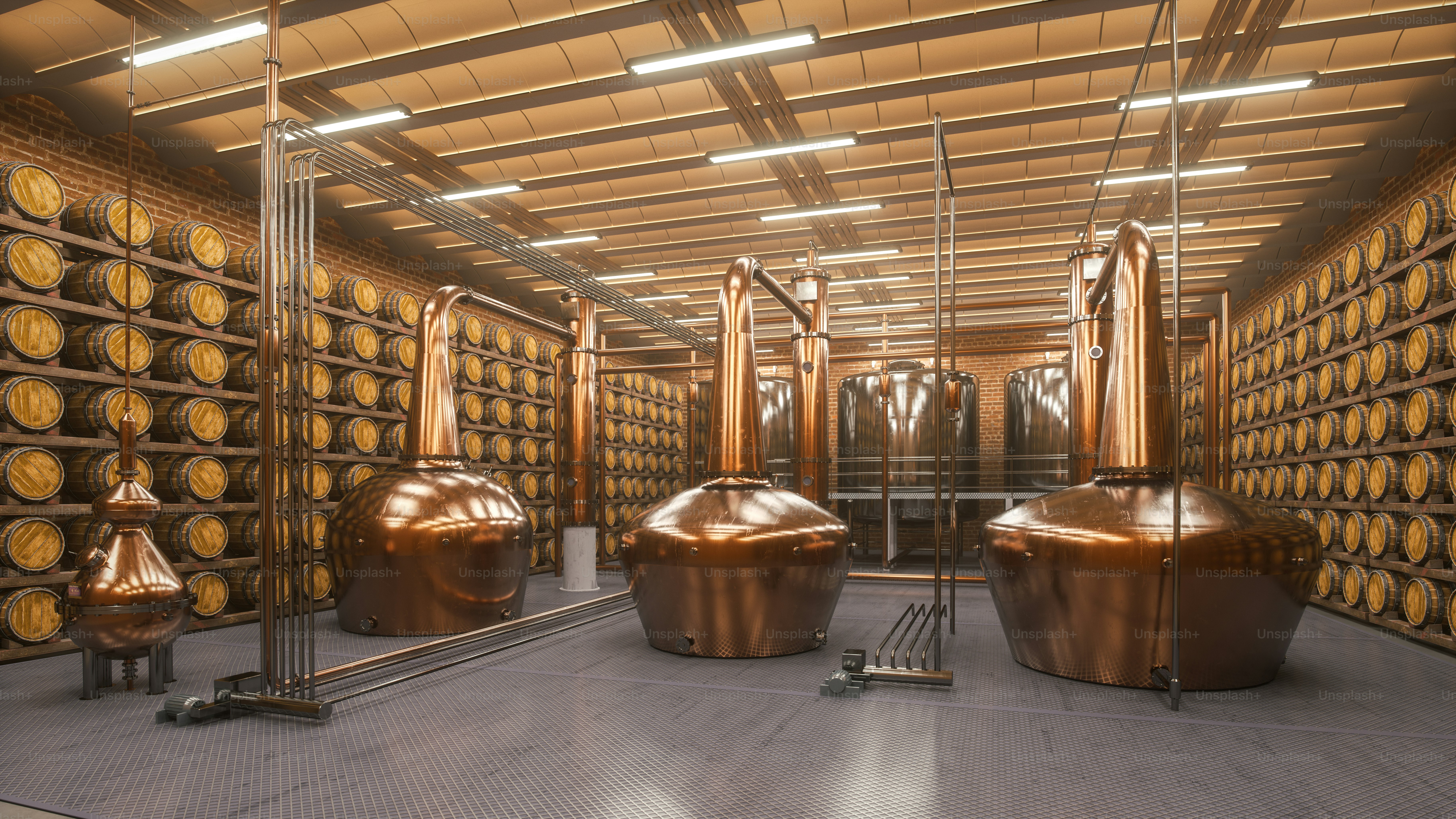 Copper whiskey vats in a Scottish whiskey distillery.