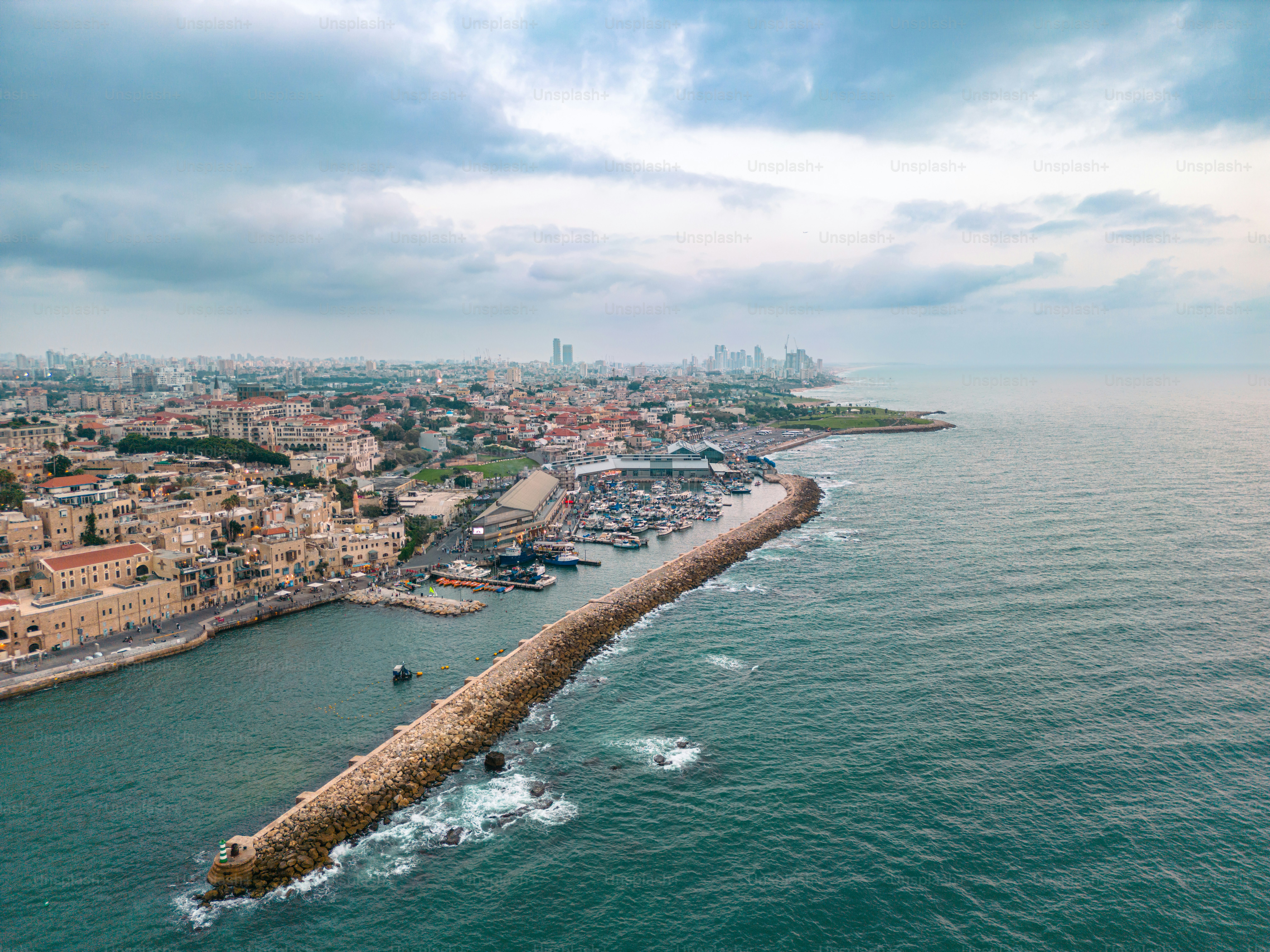 Aerial panoramic photo of the waterfront of Tel Aviv - Yafo  at afternoon and dusk in summer