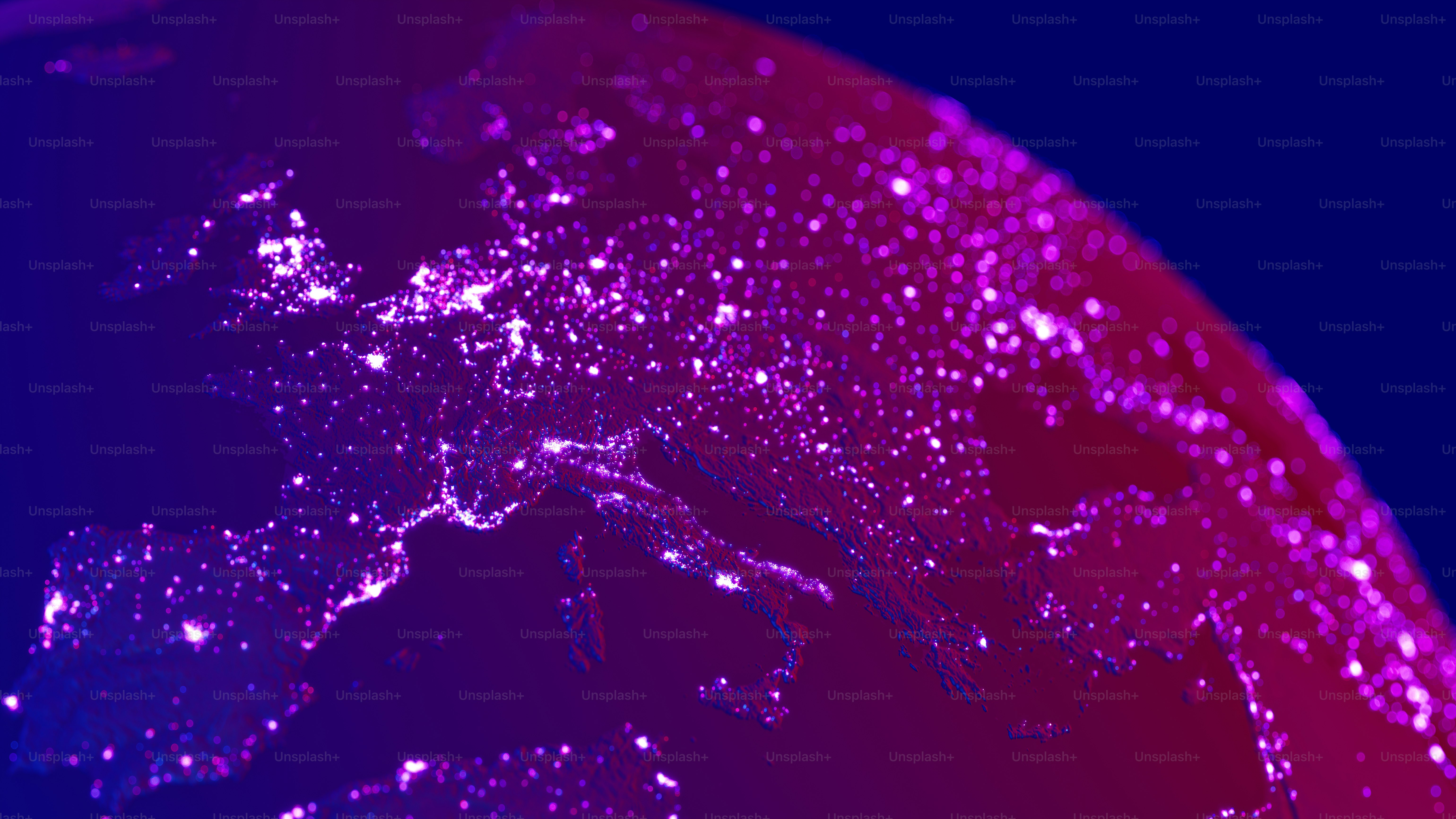 Globo cyberpunk con luci di città color neon vista dallo spazio." n (Mappa del mondo per gentile concesso dalla NASA: https://visibleearth.nasa.gov/view.php?id=55167)