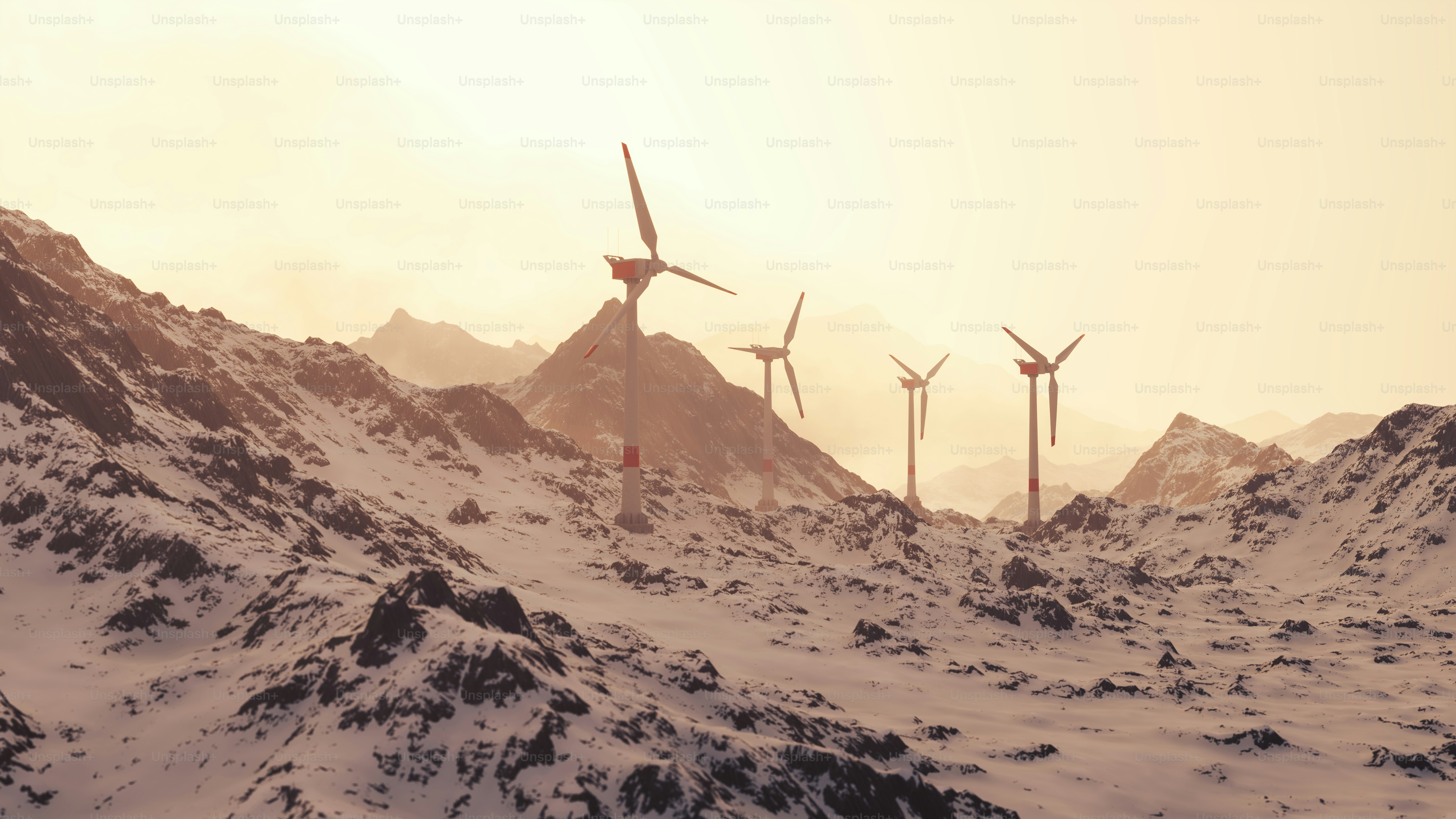 Wind farm on snowy moutains in winter.