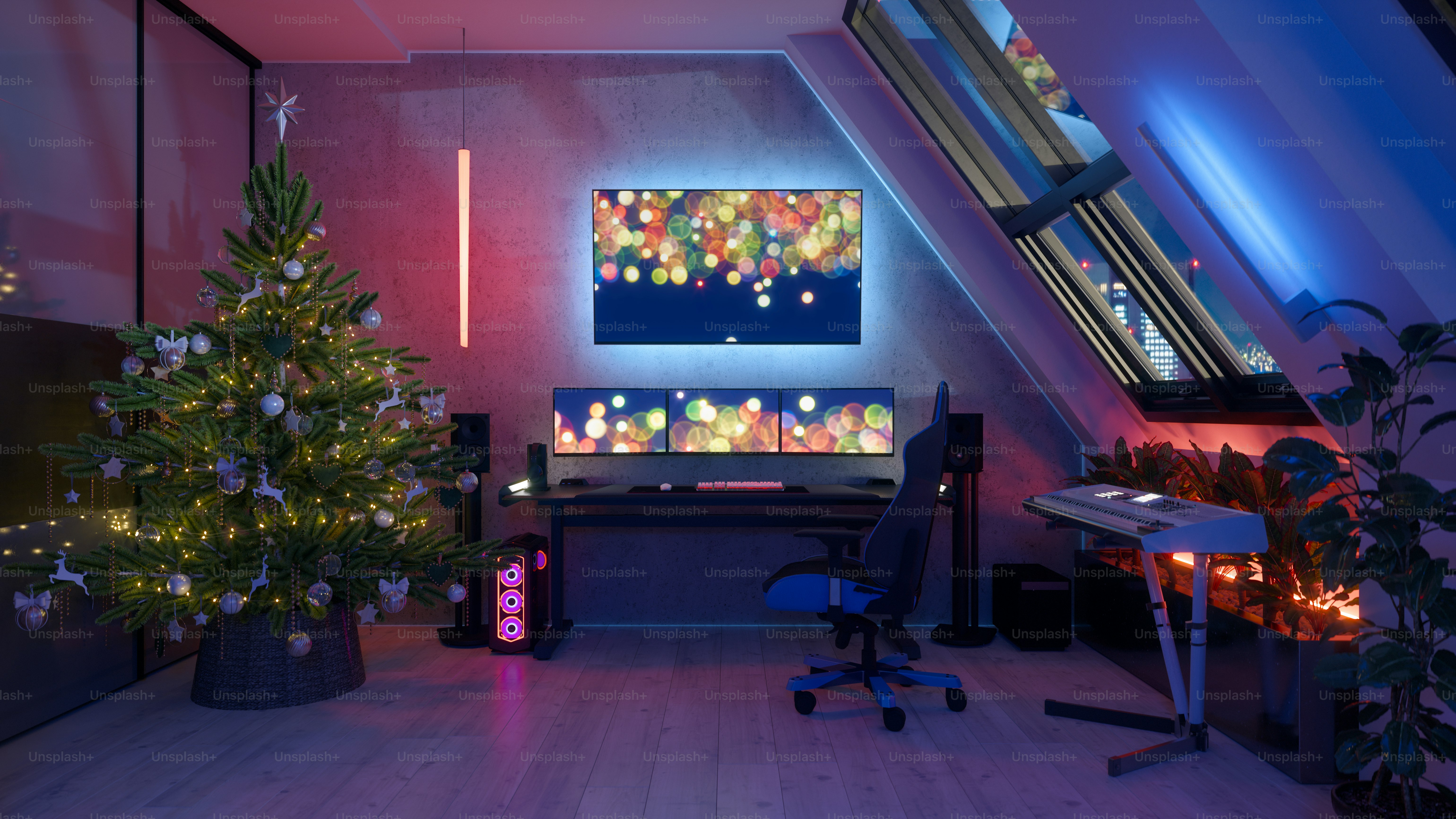 Interior of a gamer room decorated for Christmas.