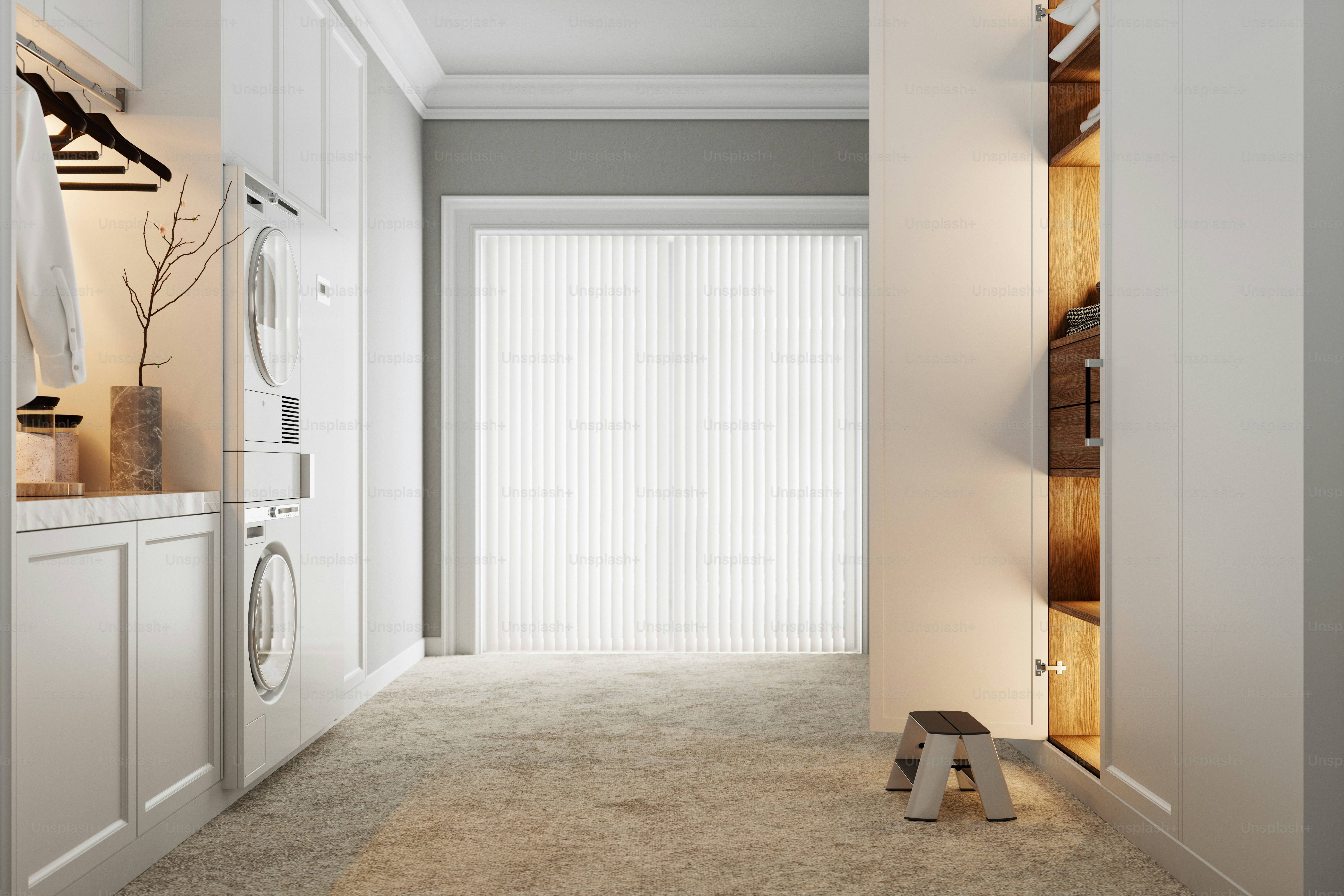 Renderizado 3D de una lavadora y una secadora en la lavandería de una casa de lujo