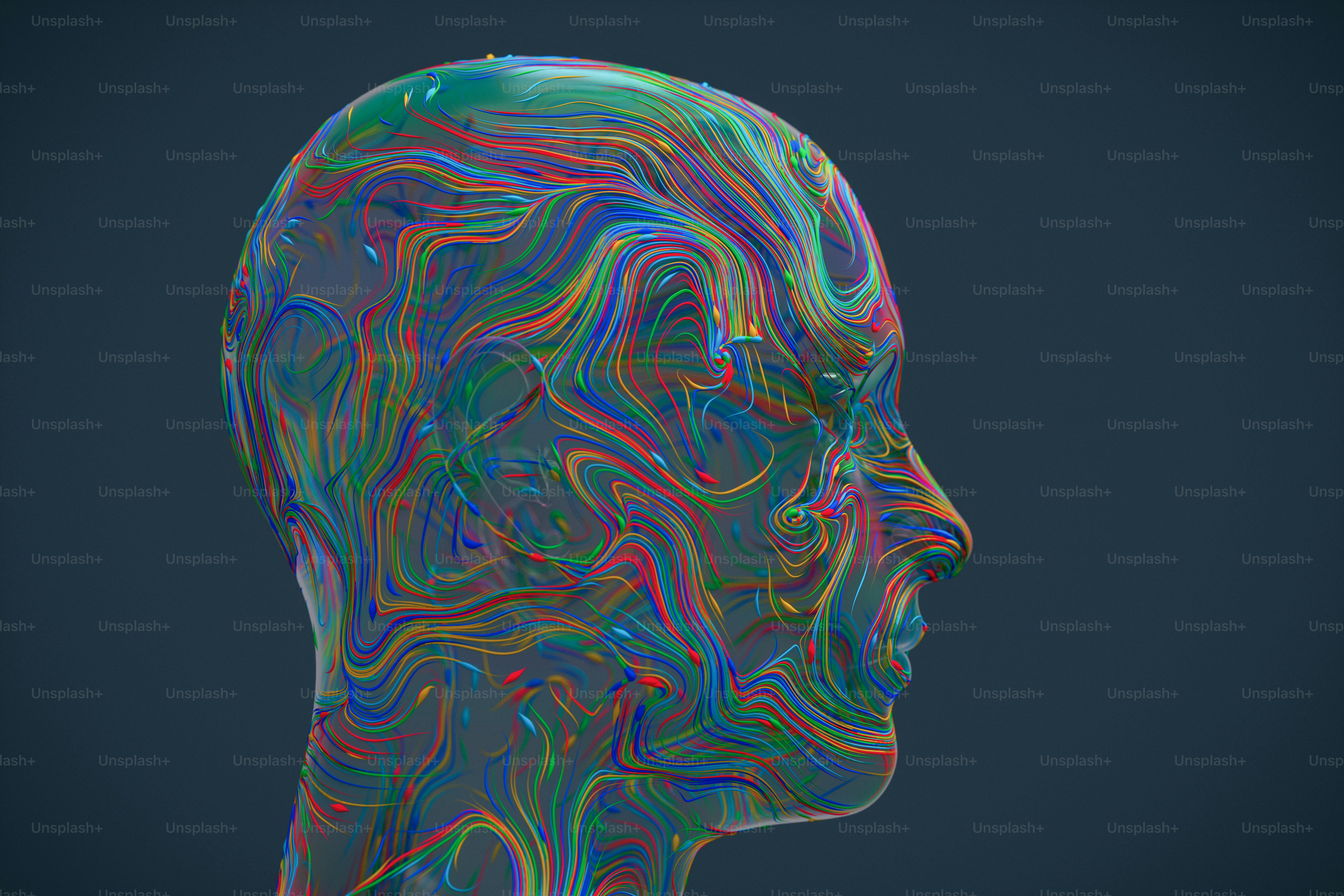 3D render featuring a glass-like human head covered by vibrant ...
