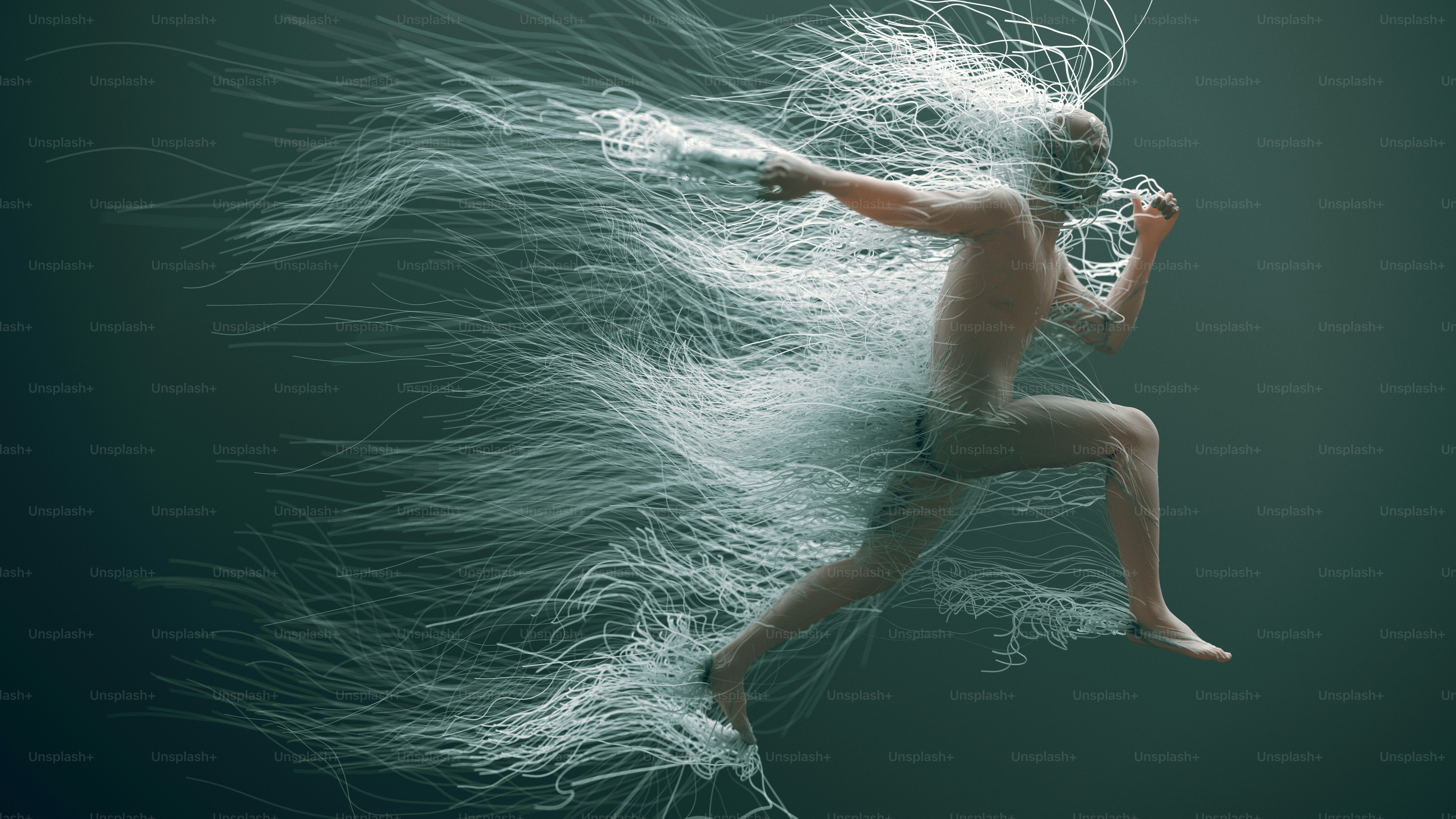 Abstract image of a man suspended in midair, locked in a running position, amidst a pale green, underwater-like environment. Numerous wires emerge from his form, drifting weightlessly alongside him.