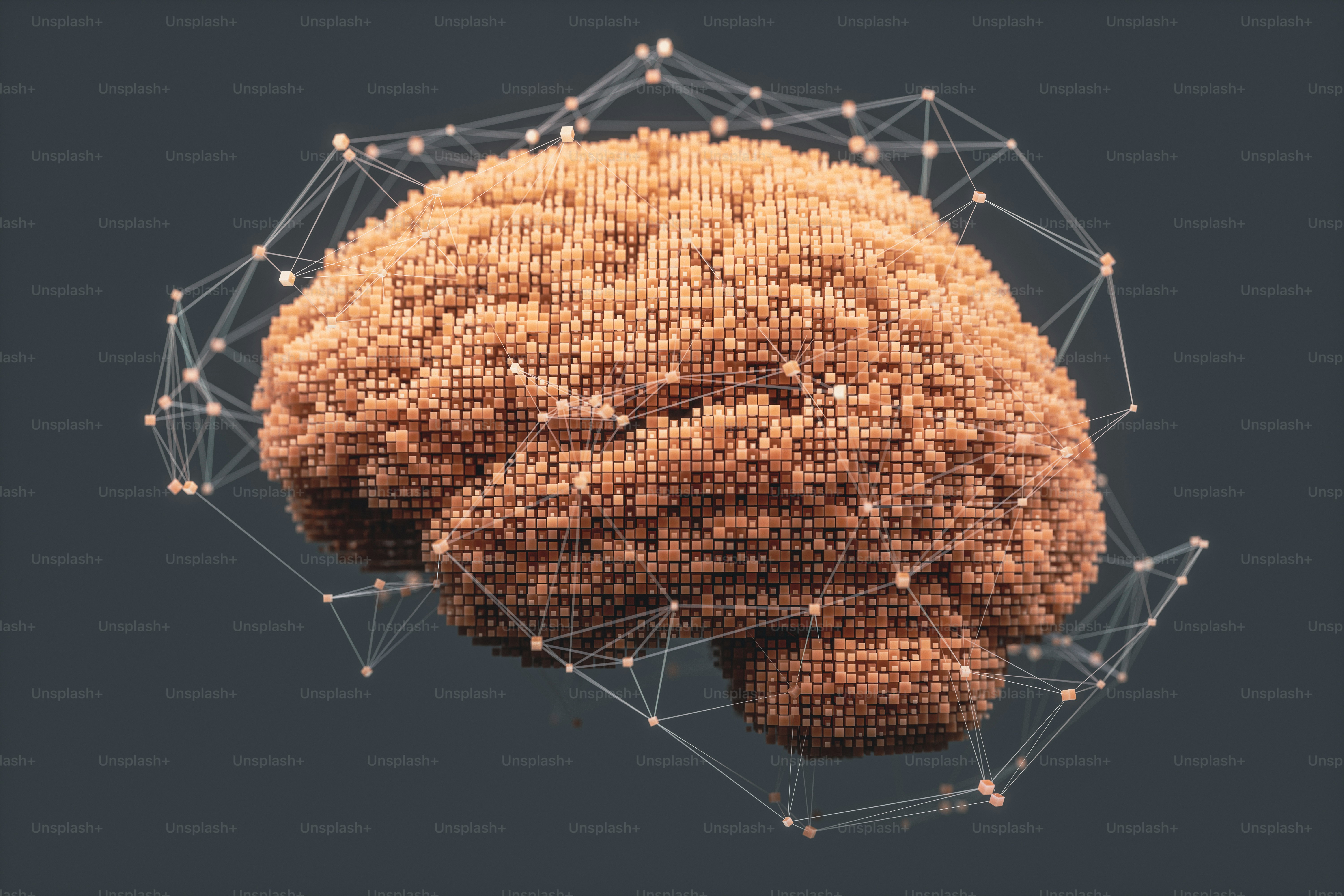 3D human brain made with cube shaped particles with connections. photo ...