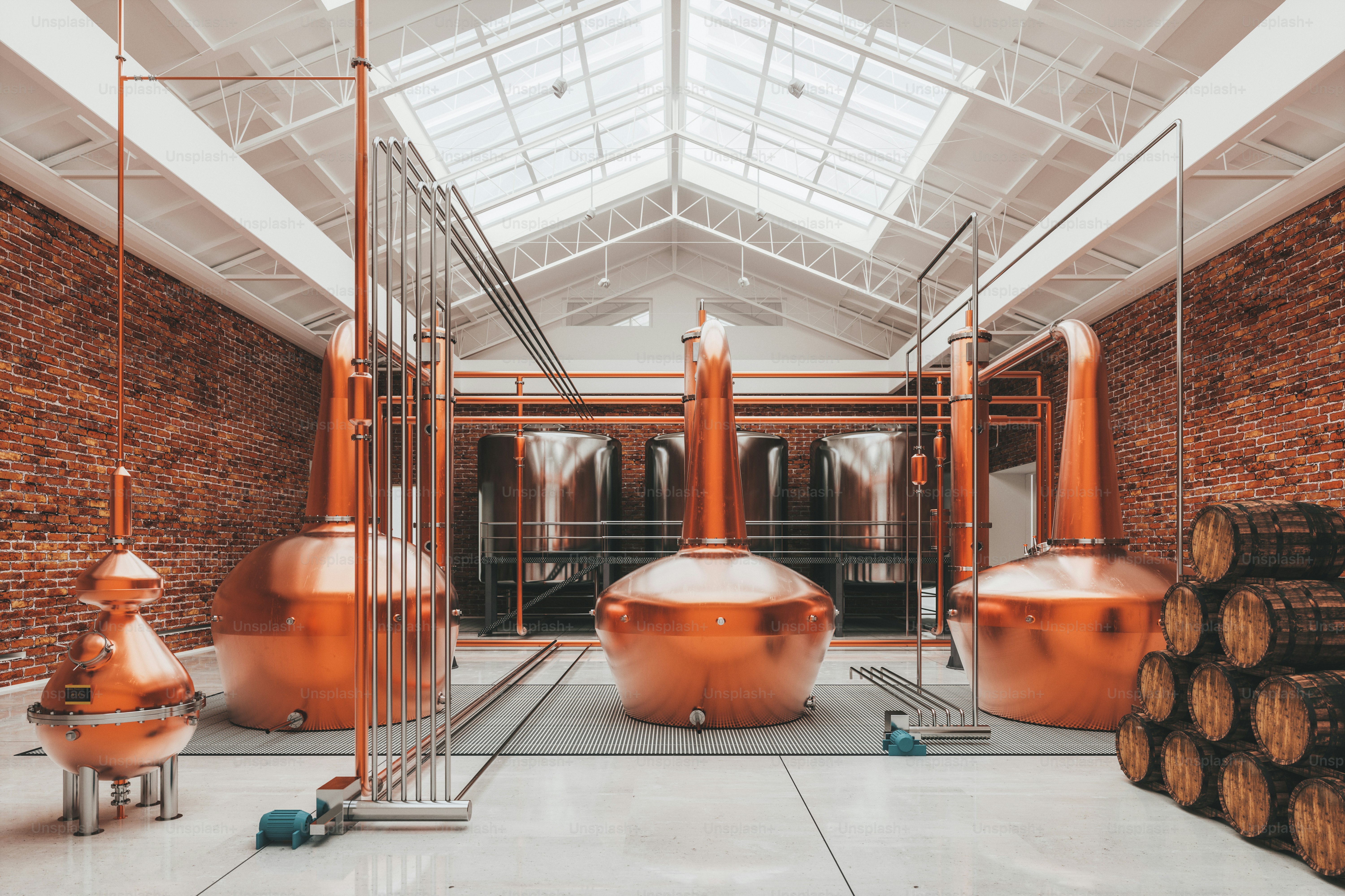 Copper whiskey vats in a Scottish whiskey distillery.
