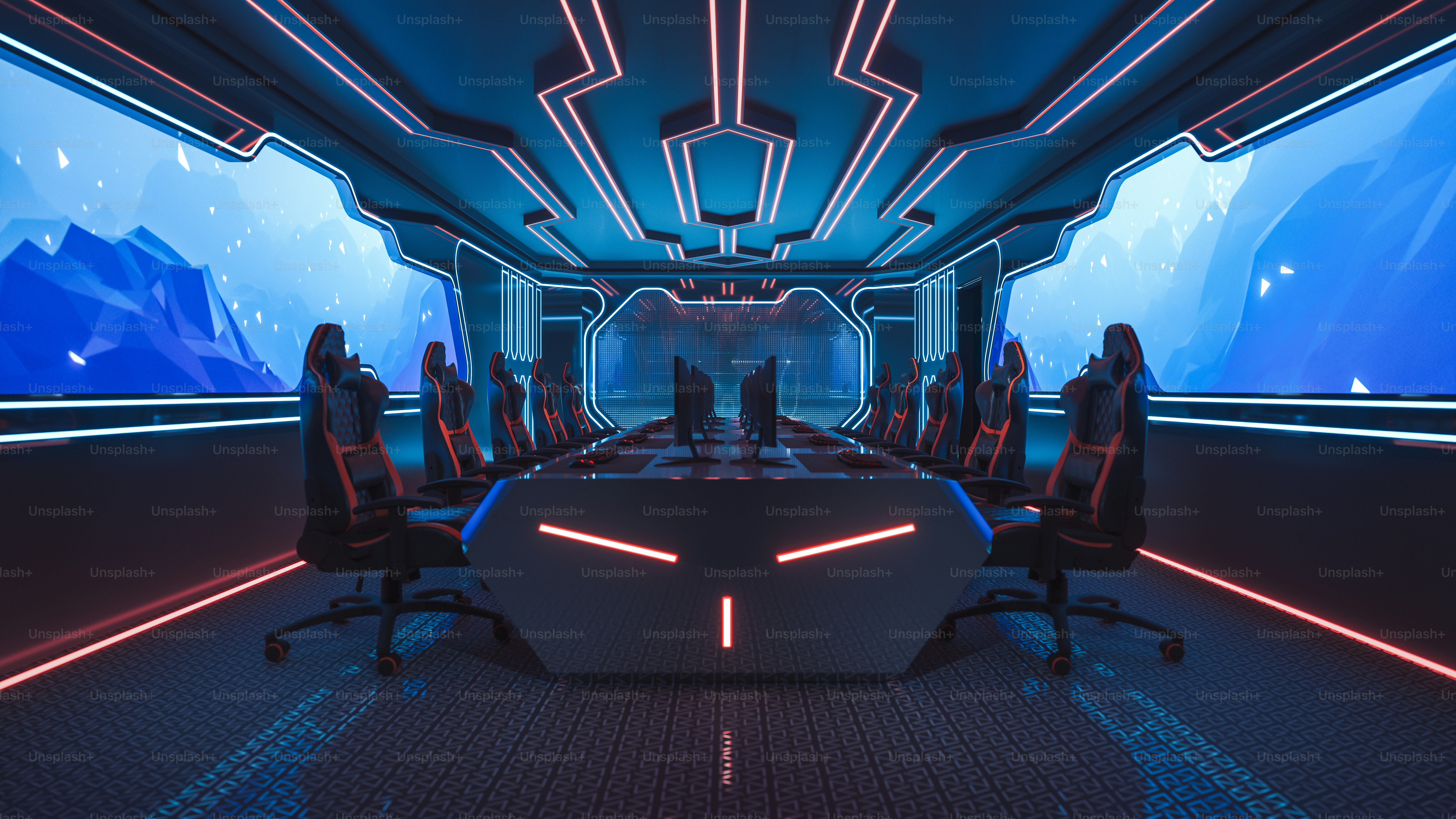 Uma sala de jogos no centro de eSports com móveis para jogos.