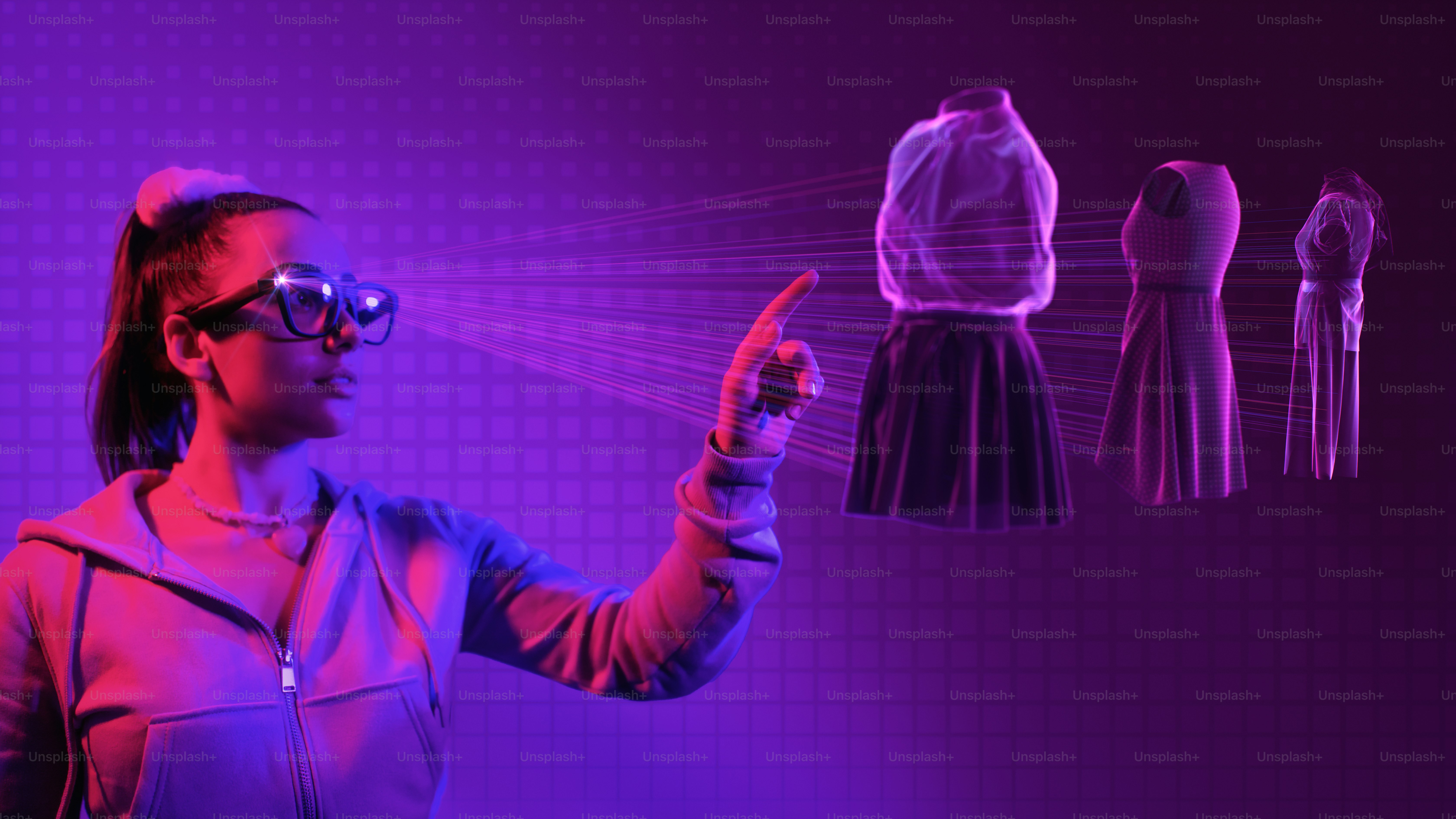 Metaverse online shopping experience in virtual reality environment. Young woman shopping in metaverse with smart glasses.