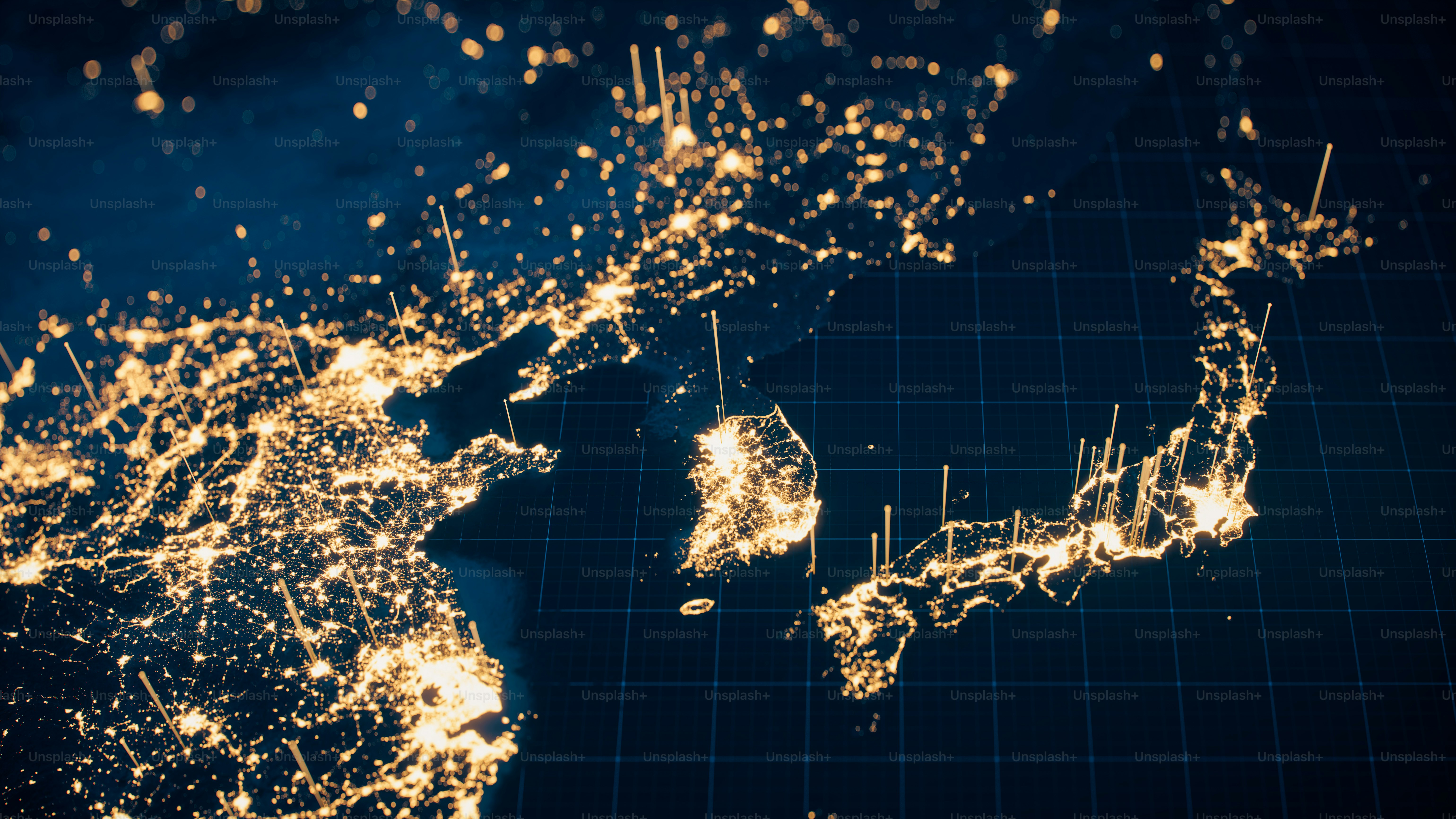 La Terra con luci cittadine e linee di comunicazione vista dallo spazio di notte. Crediti delle texture della mappa del mondo a NASA.https://visibleearth.nasa.gov/view.php?id=55167