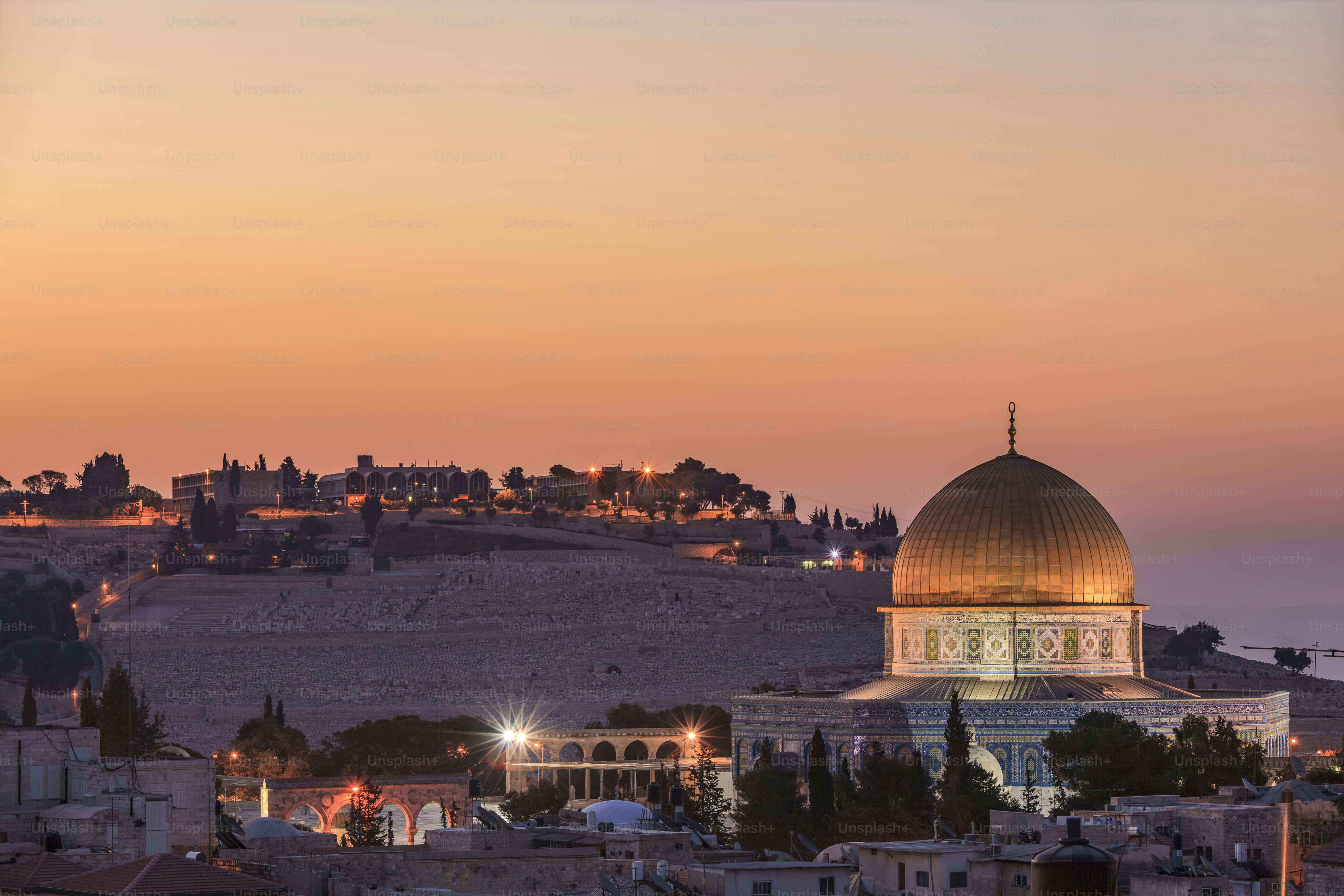 The Dome of the Rock on the Temple Mount, with the Jewish cemetery on the Mount of Olives stretching into the distance.