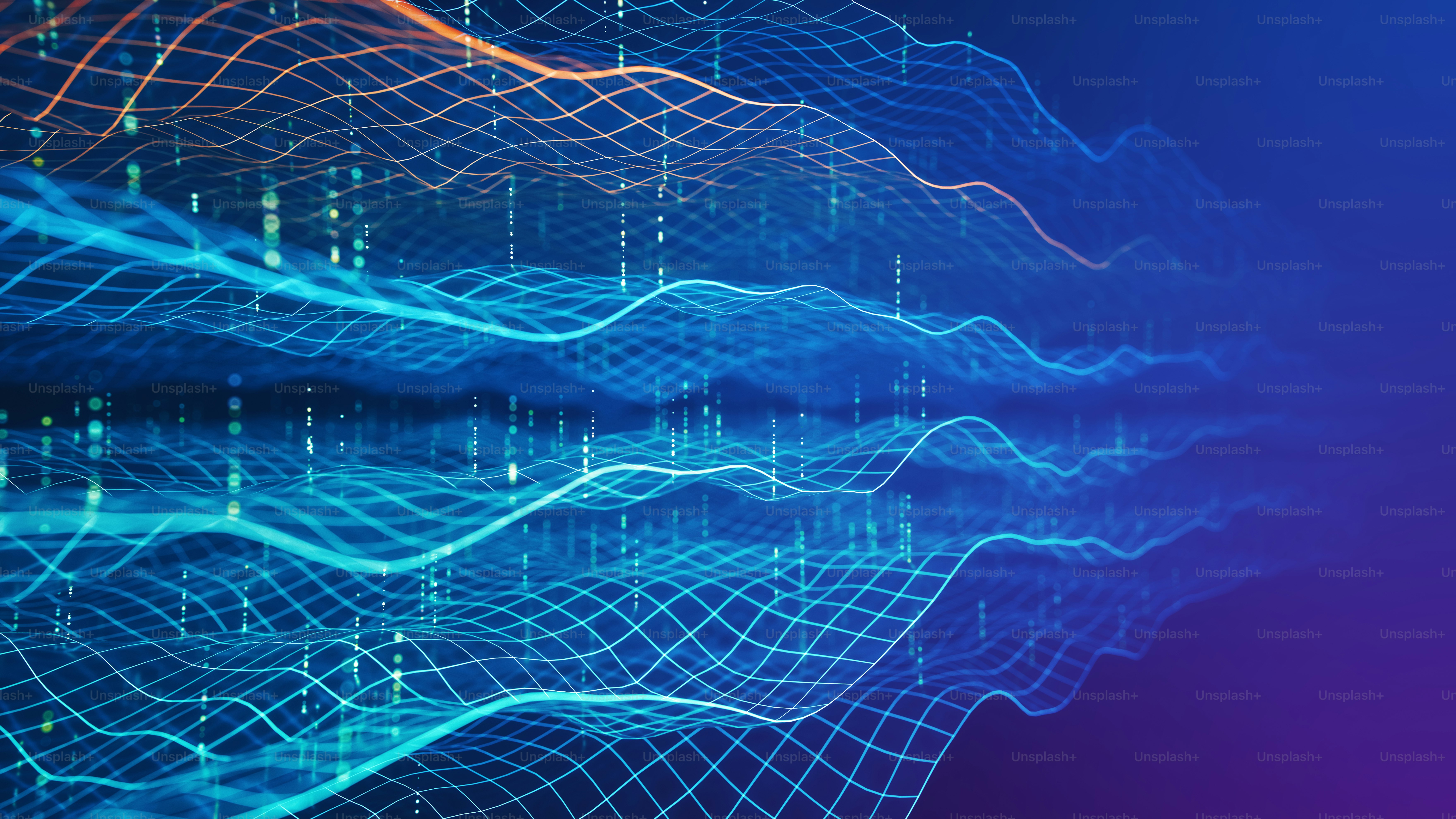 Linhas de arame azul e laranja com elementos digitais dispersos criando uma visualização moderna de sistemas de transferência de dados e tecnologia