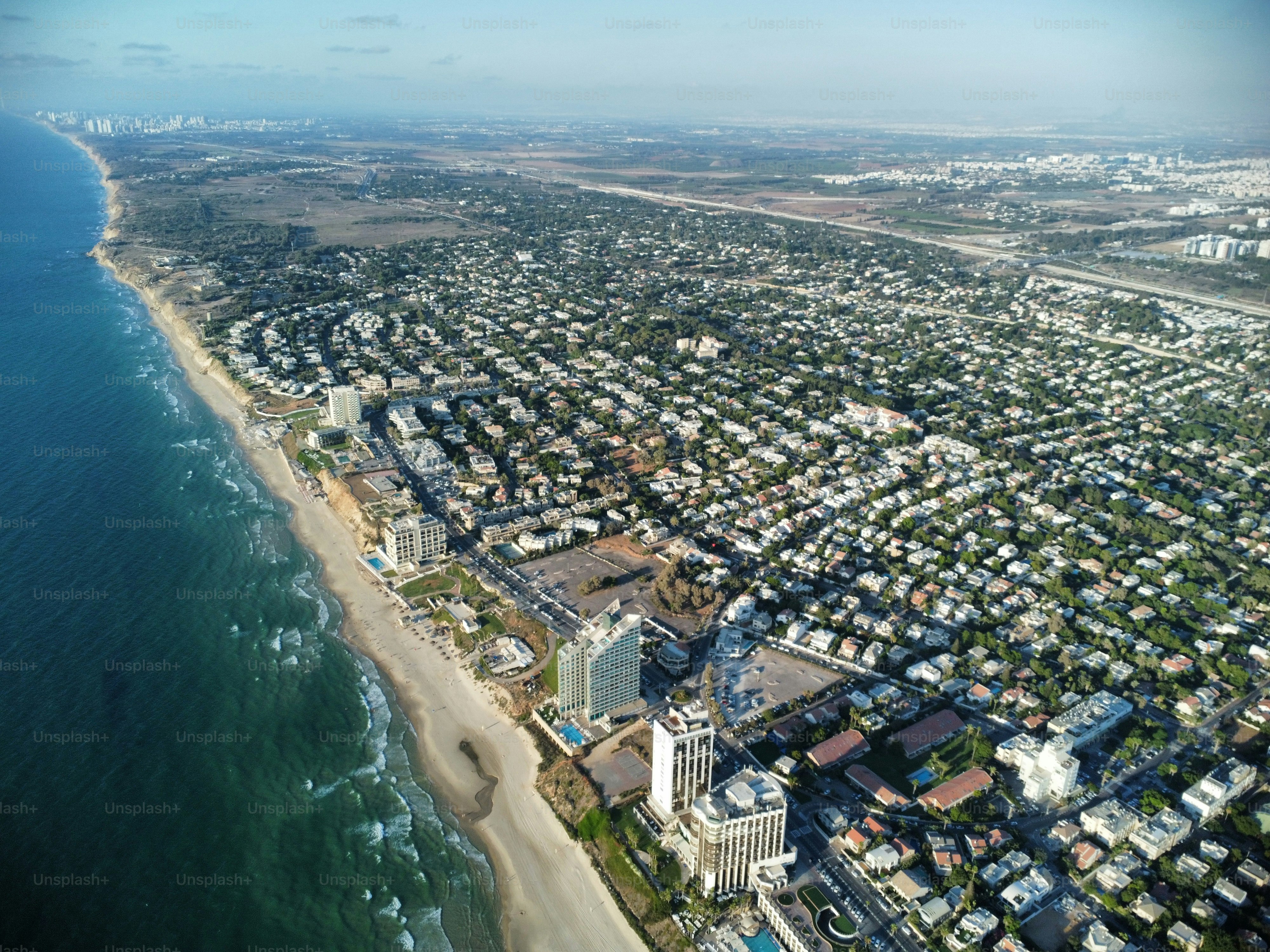 An aerial photo of tel aviv near the beach tel aviv