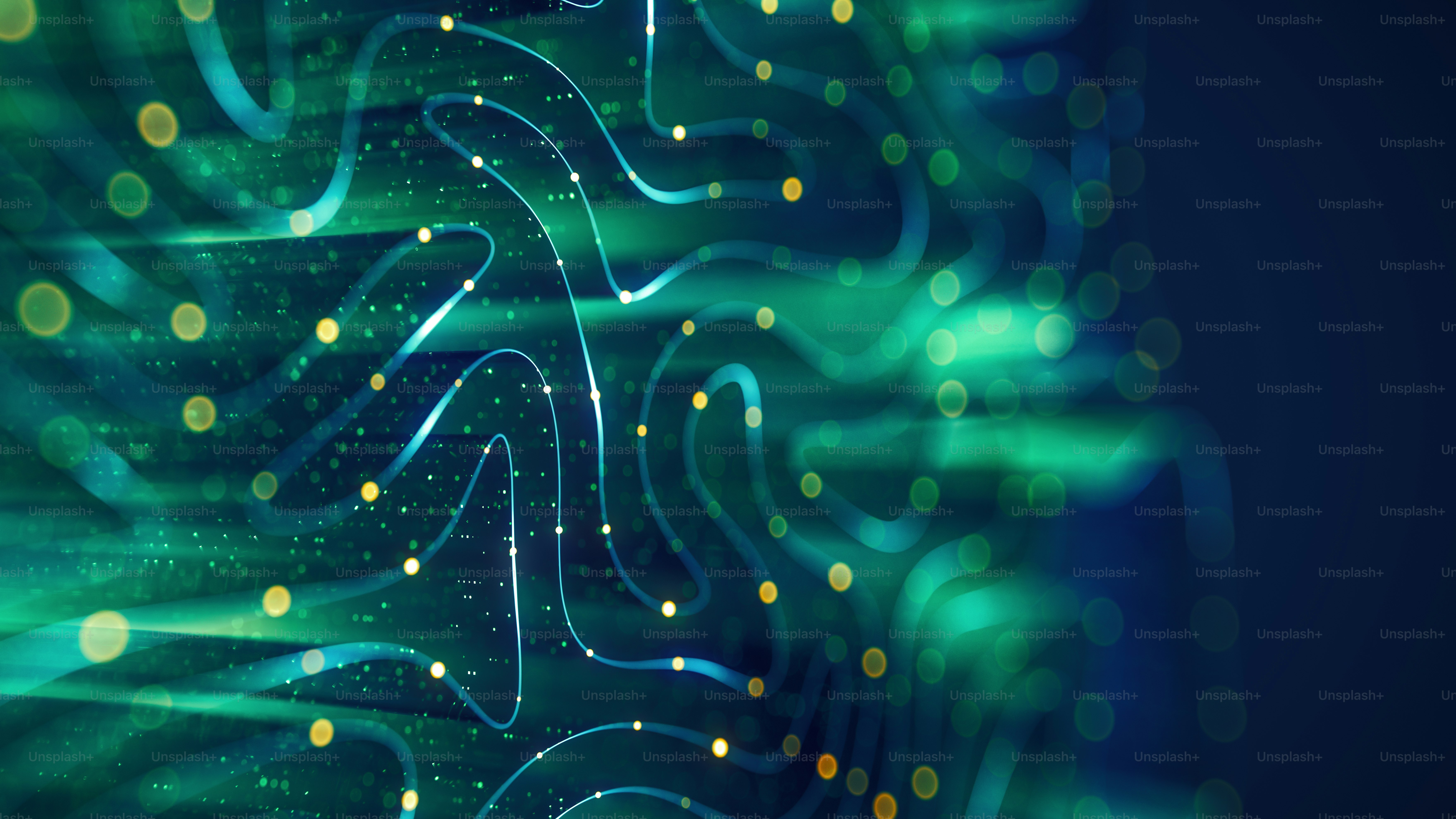 Abstract digital background featuring flowing blue and green lines with glowing yellow particles, evoking a sense of data flow or neural networks.