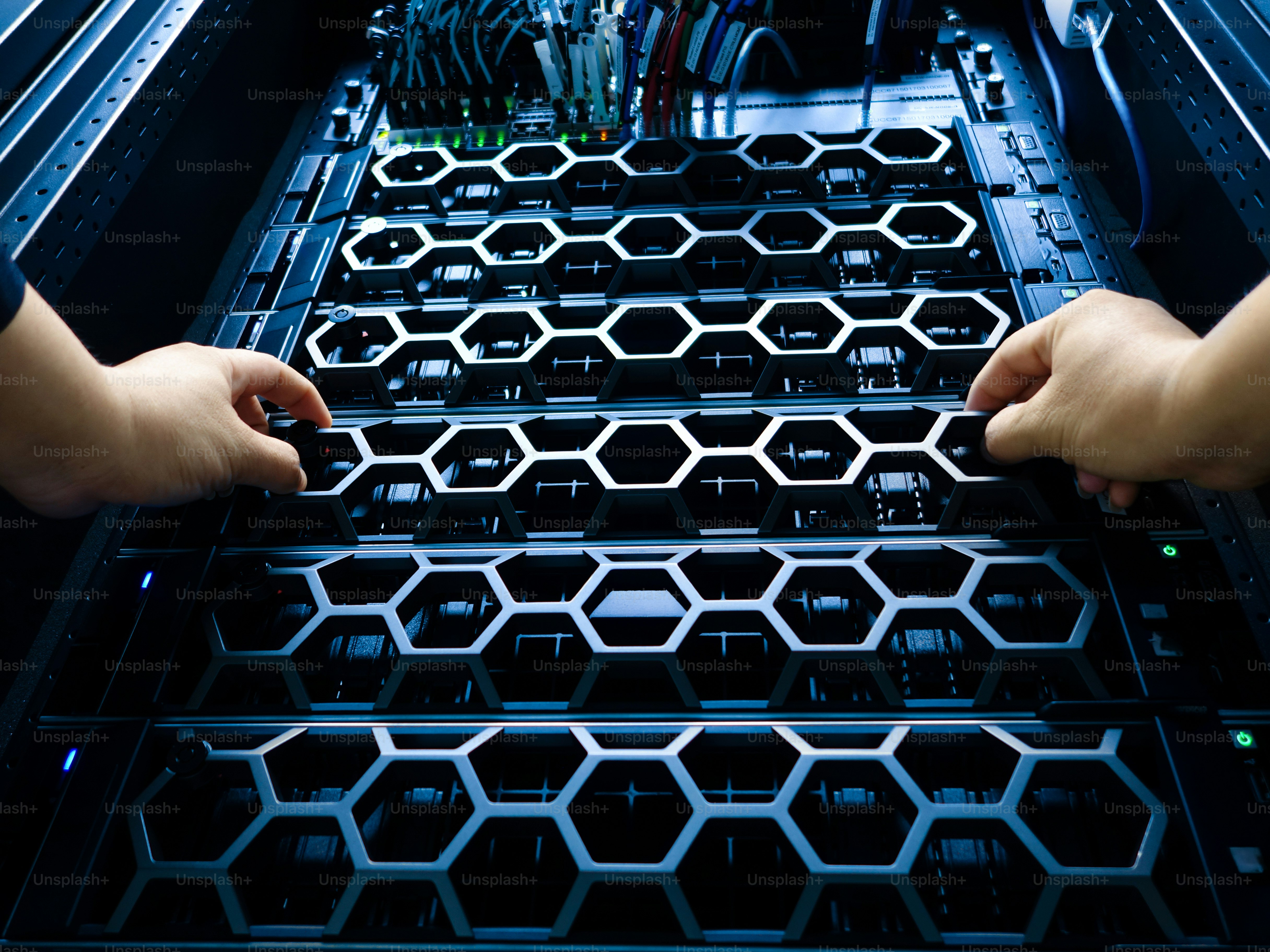High-performance router in a server rack with multiple Ethernet ports and modern networking setup
