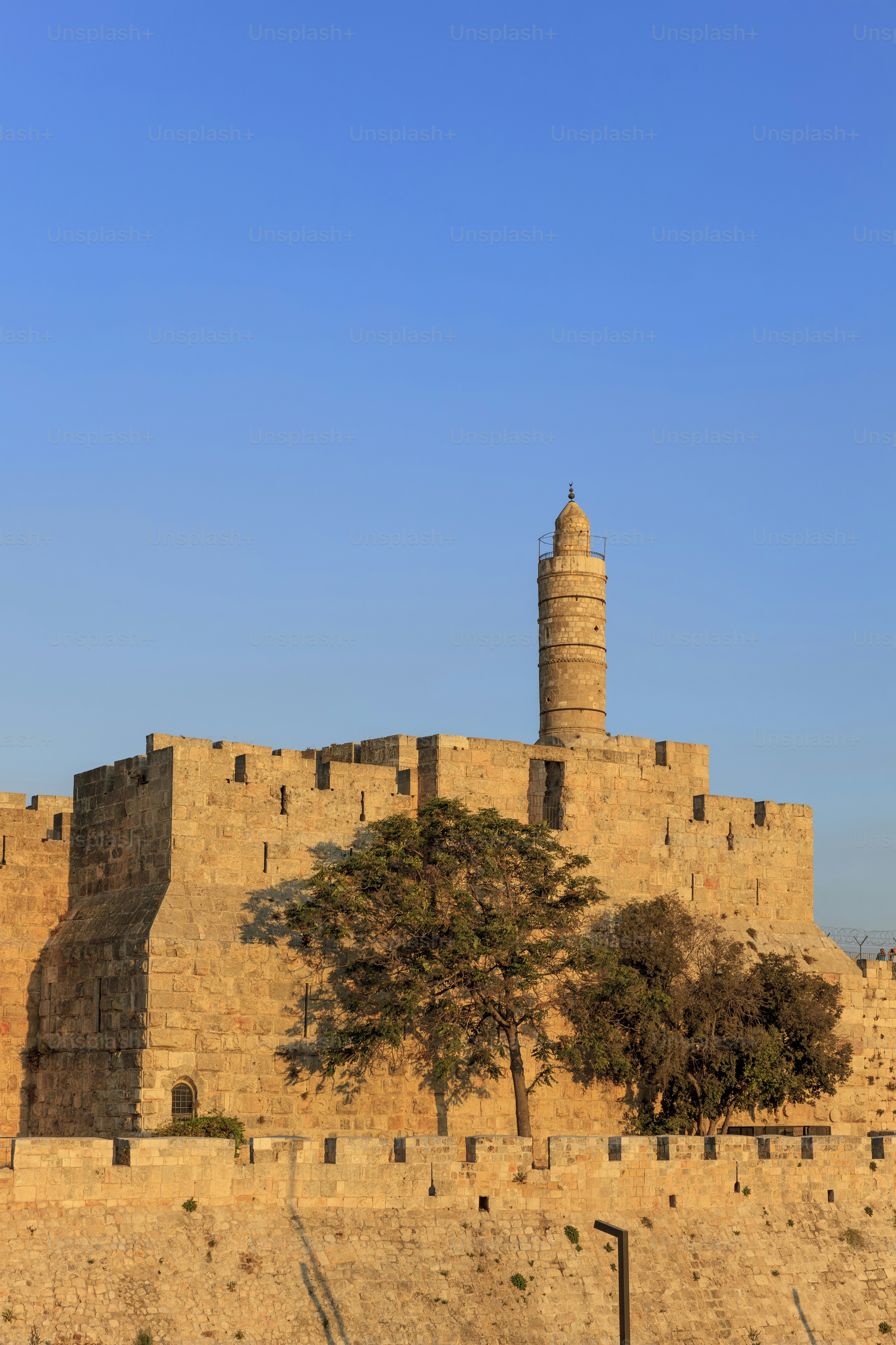 Der Davidsturm und die westlichen Stadtmauern der Altstadt Jerusalems leuchten unter der Abendsonne.