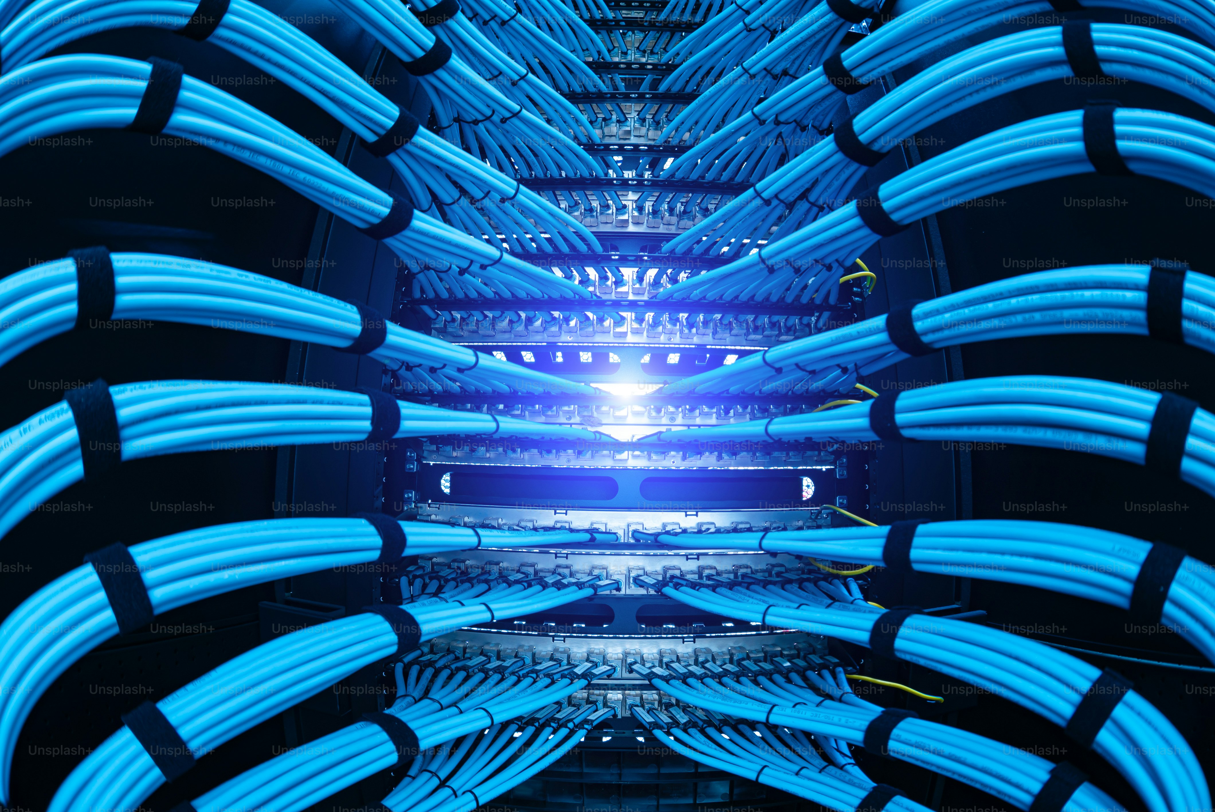 Una vista cercana de cables de red azules ordenadamente dispuestos en un rack de servidores. La imagen muestra tecnología moderna y sistemas eficientes de conexión de datos