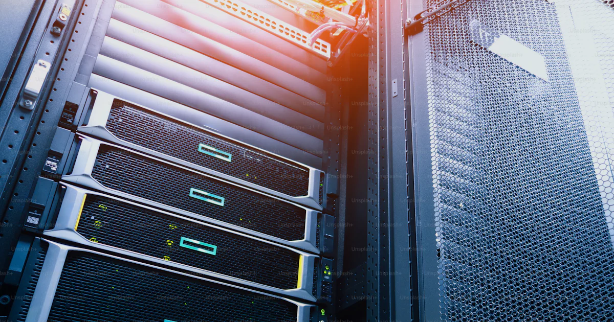 Server. Server A close-up view of modern server rack units in a data center ...