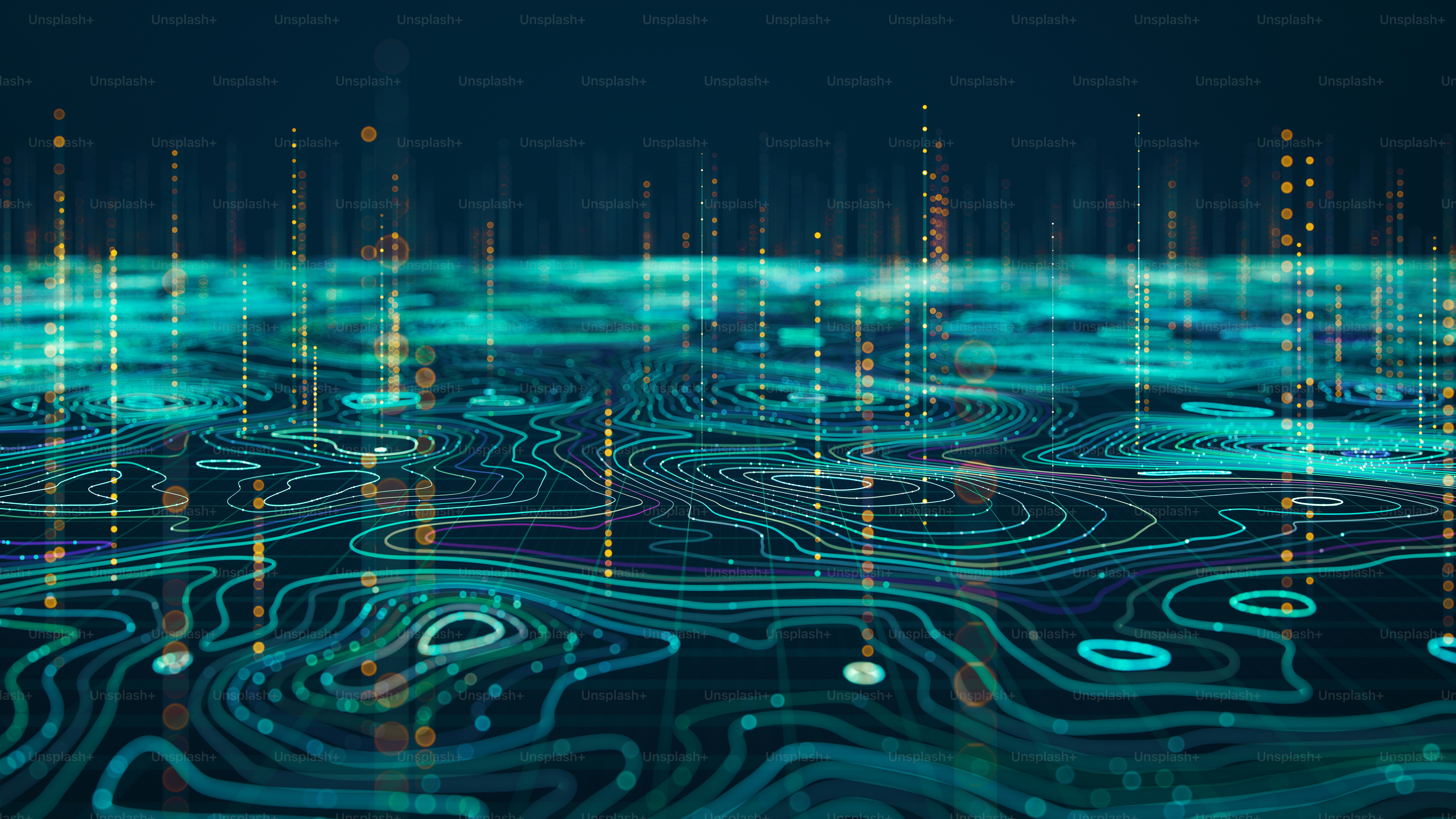 Abstract digital visualization featuring a glowing grid with topographic patterns and vertical dotted lines representing data transmission or connectivity.