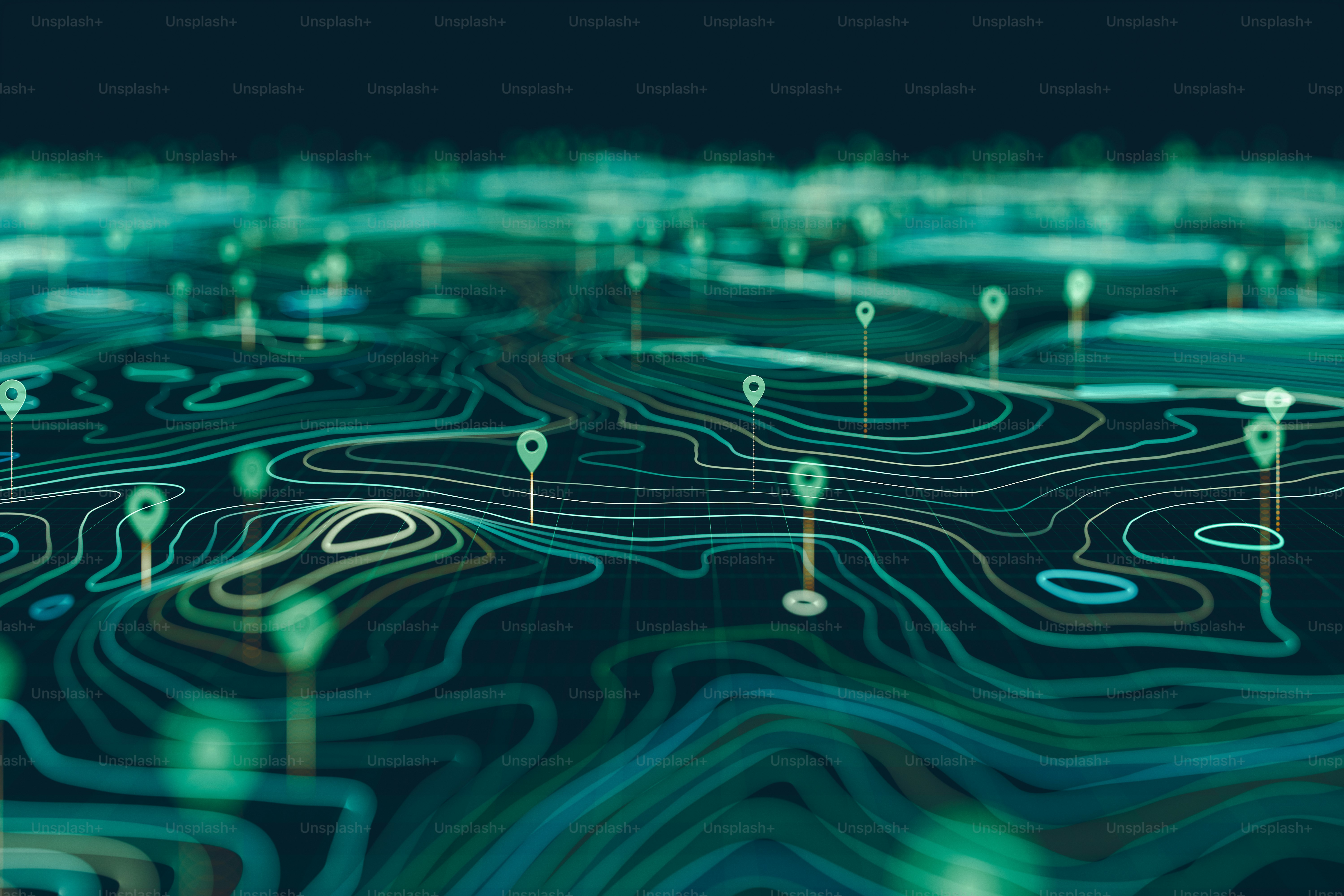 Una interfaz avanzada de mapeo muestra datos geográficos con curvas de nivel y marcadores de ubicación precisos. Este concepto visualiza temas como la navegación GPS, la logística, la inteligencia de localización y el análisis de datos en una superficie digital.