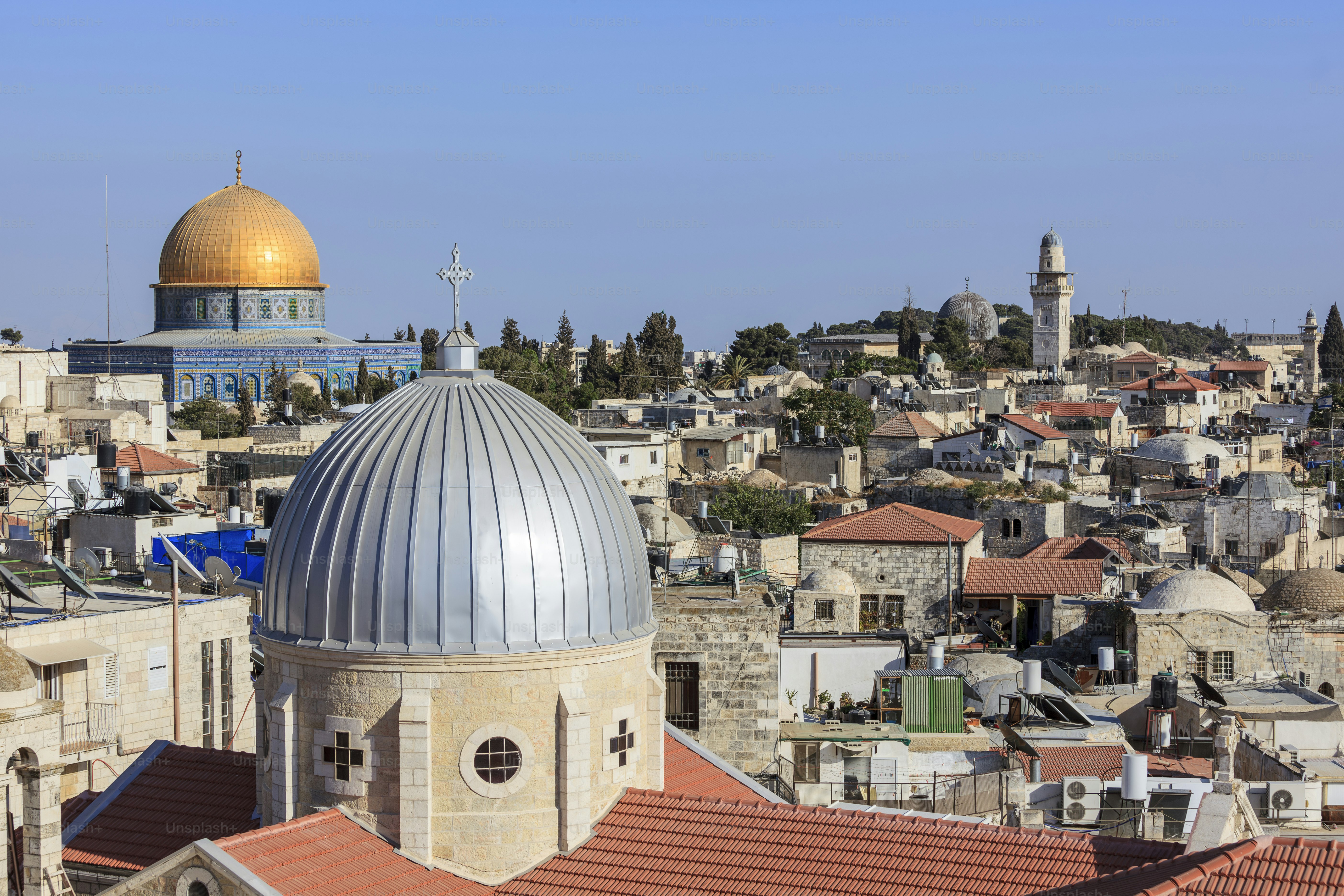 View of the Old City of Jerusalem with the Dome of the Rock on the Temple Mount.