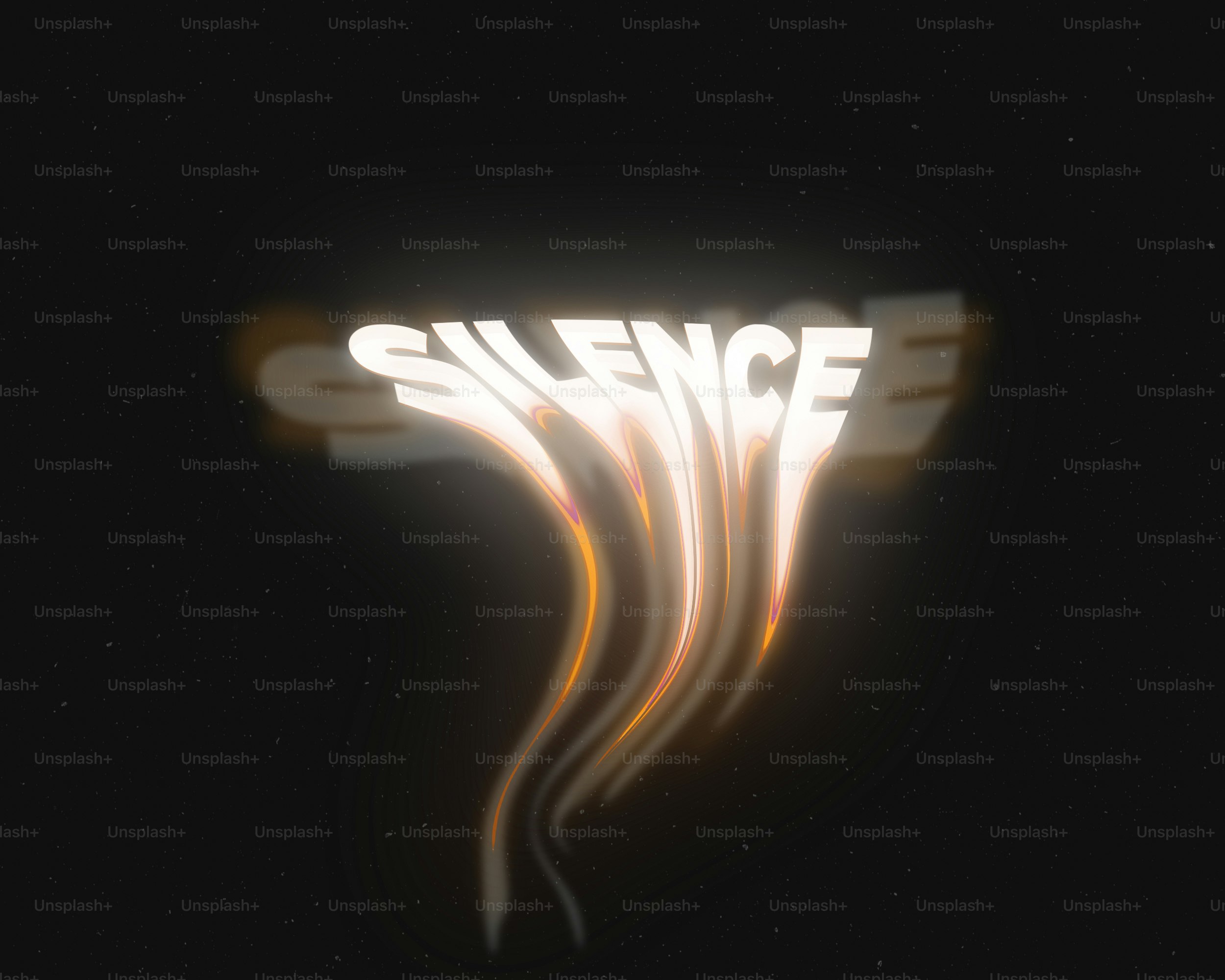 The word silence with glowing light trails