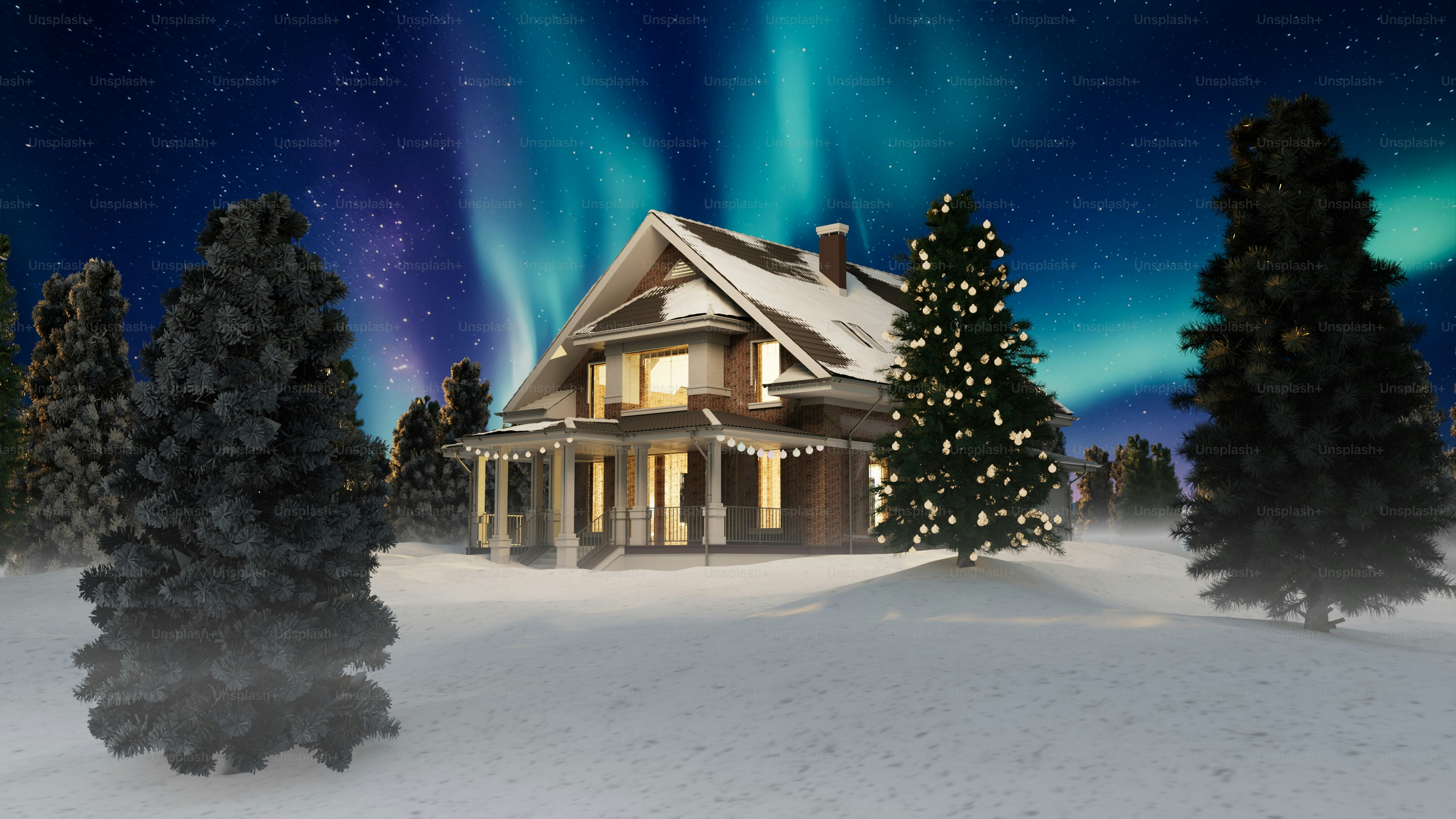 House under aurora borealis with snow