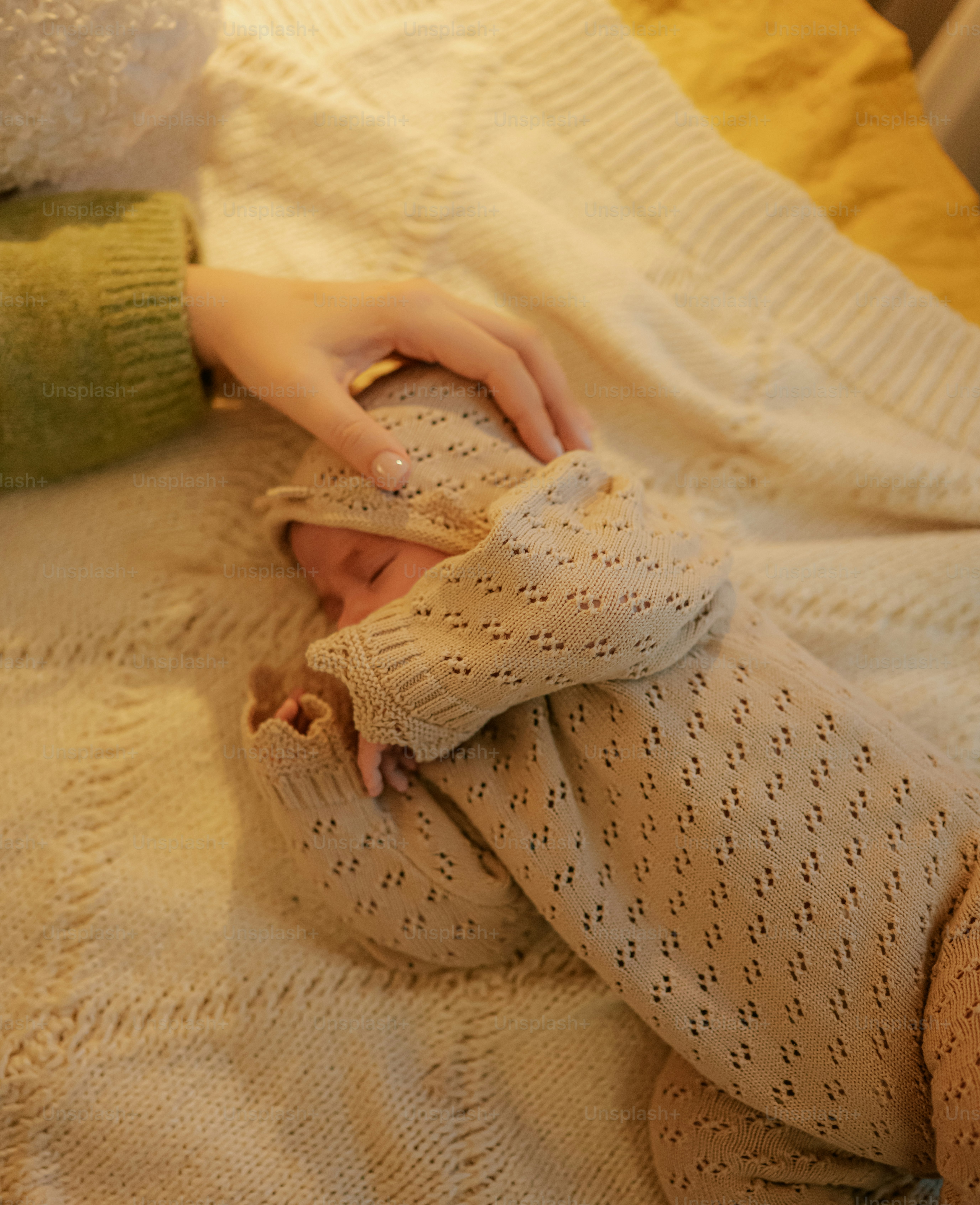 A gentle hand rests on a sleeping baby's head. photo – Family Image on ...