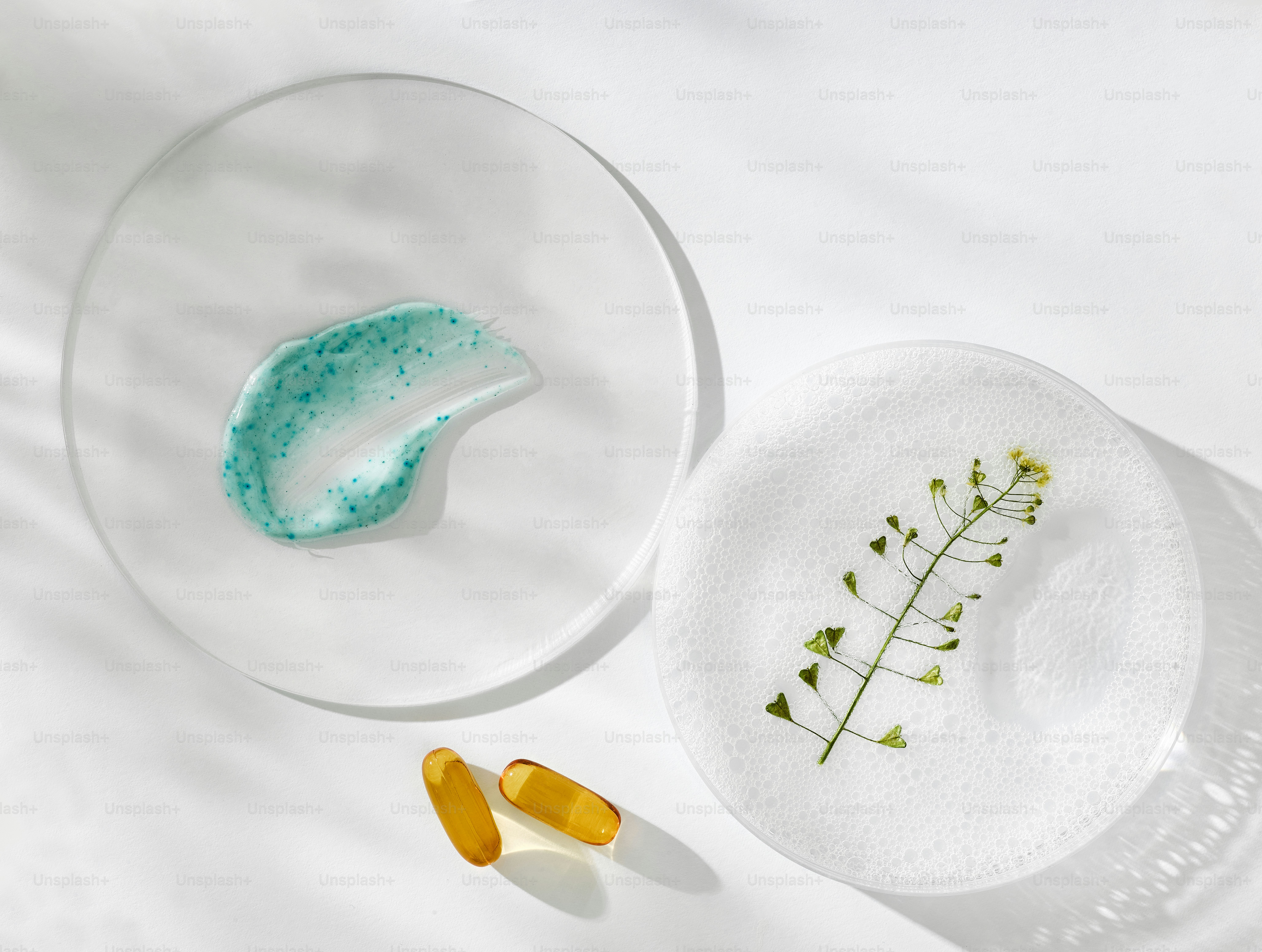 Türkis-Gel mit botanischen Elementen und Kapseln