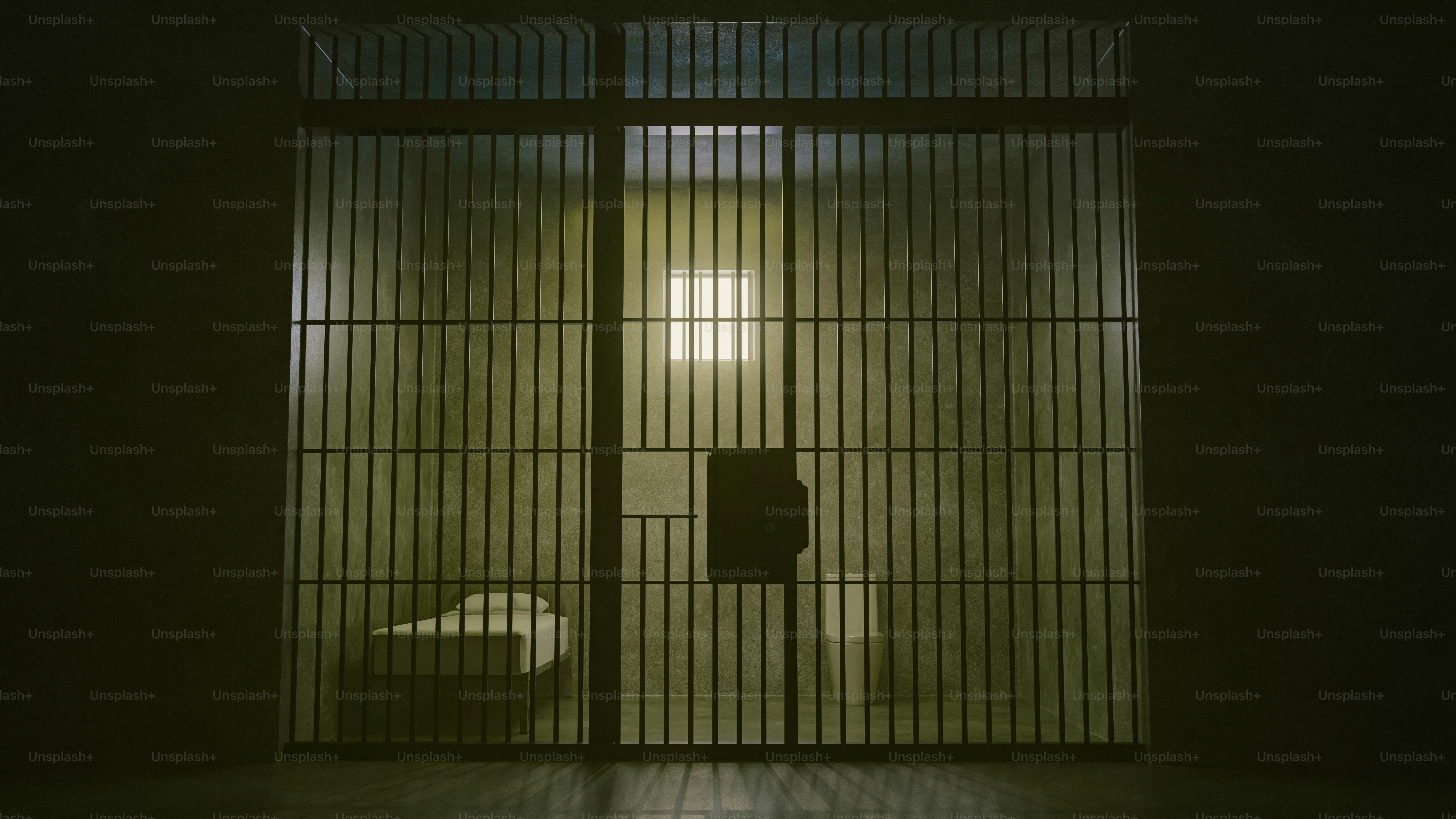 Empty jail cell with a bed and toilet.