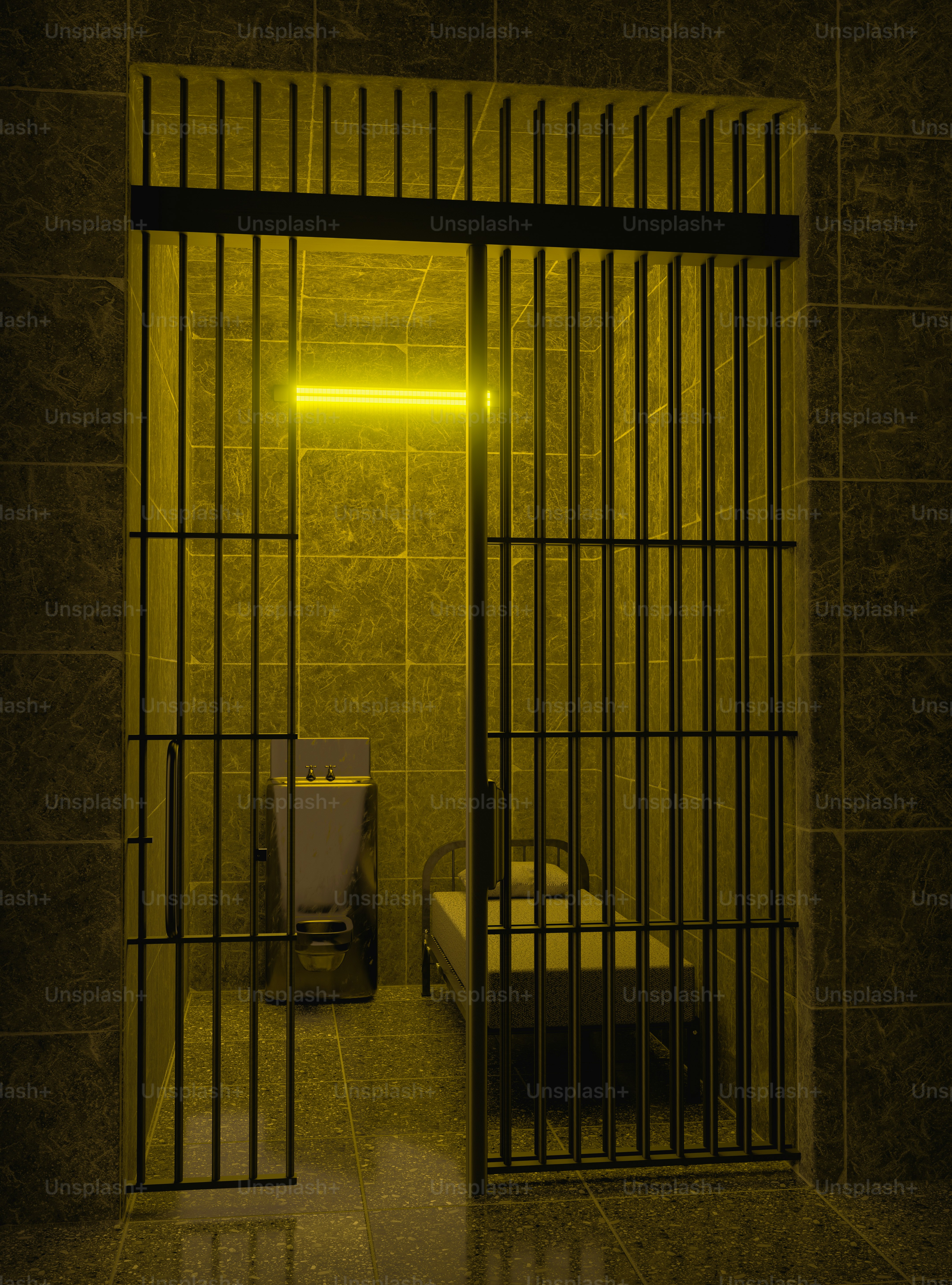 A jail cell with a bed and toilet.