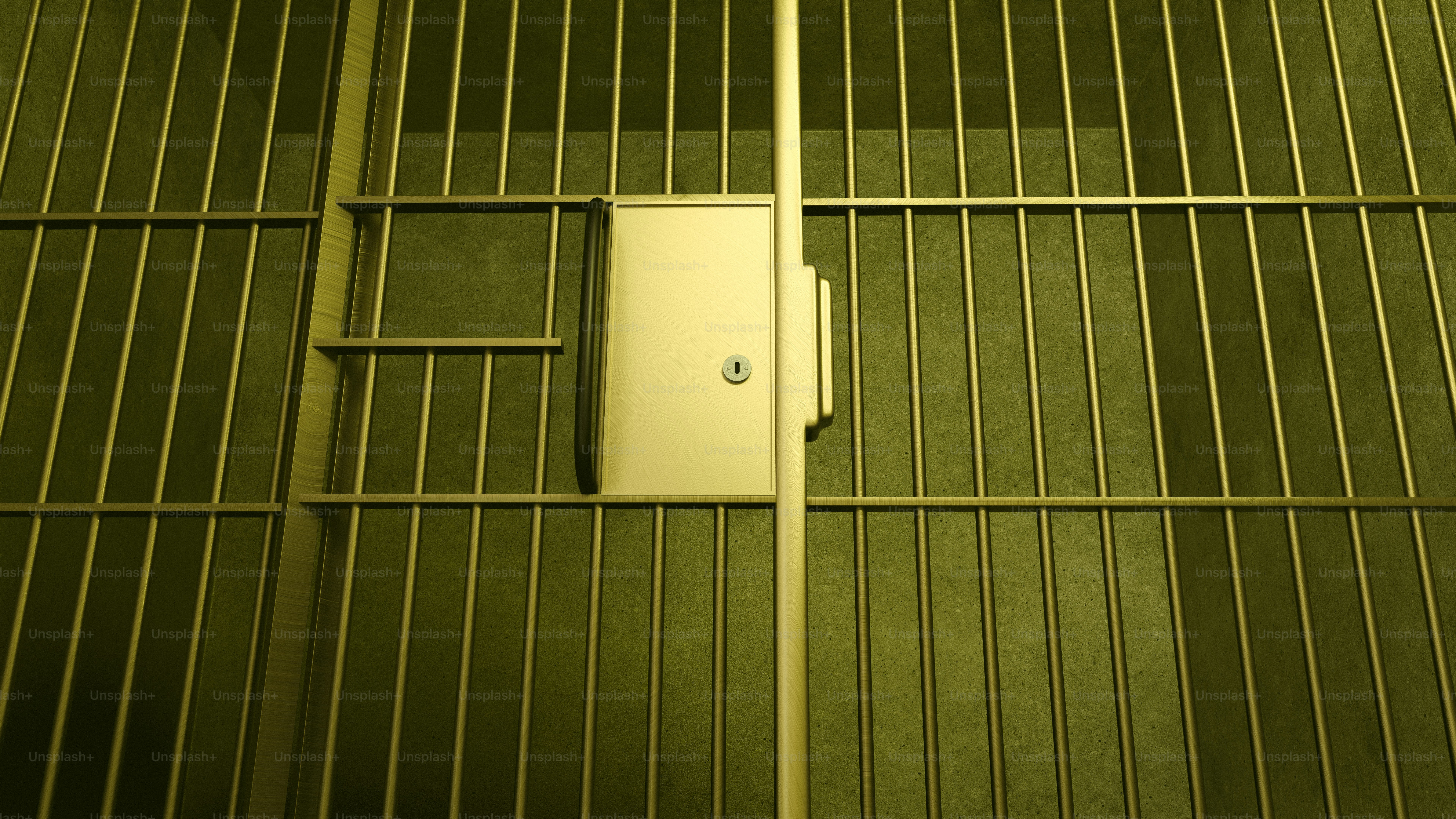 Bars of a jail cell with a closed door.