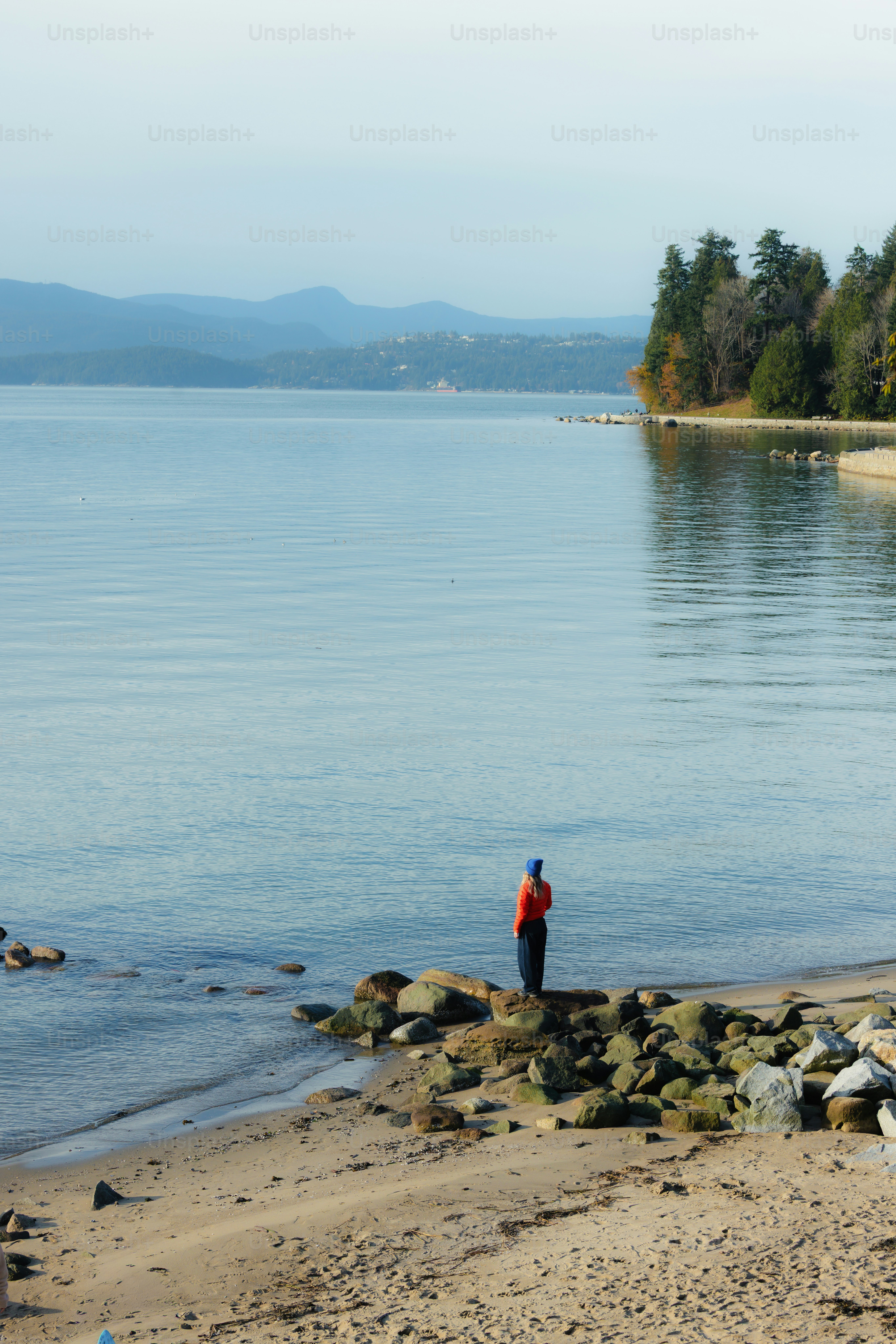 Die Person steht am felsigen Ufer am ruhigen Ozeanwasser.
