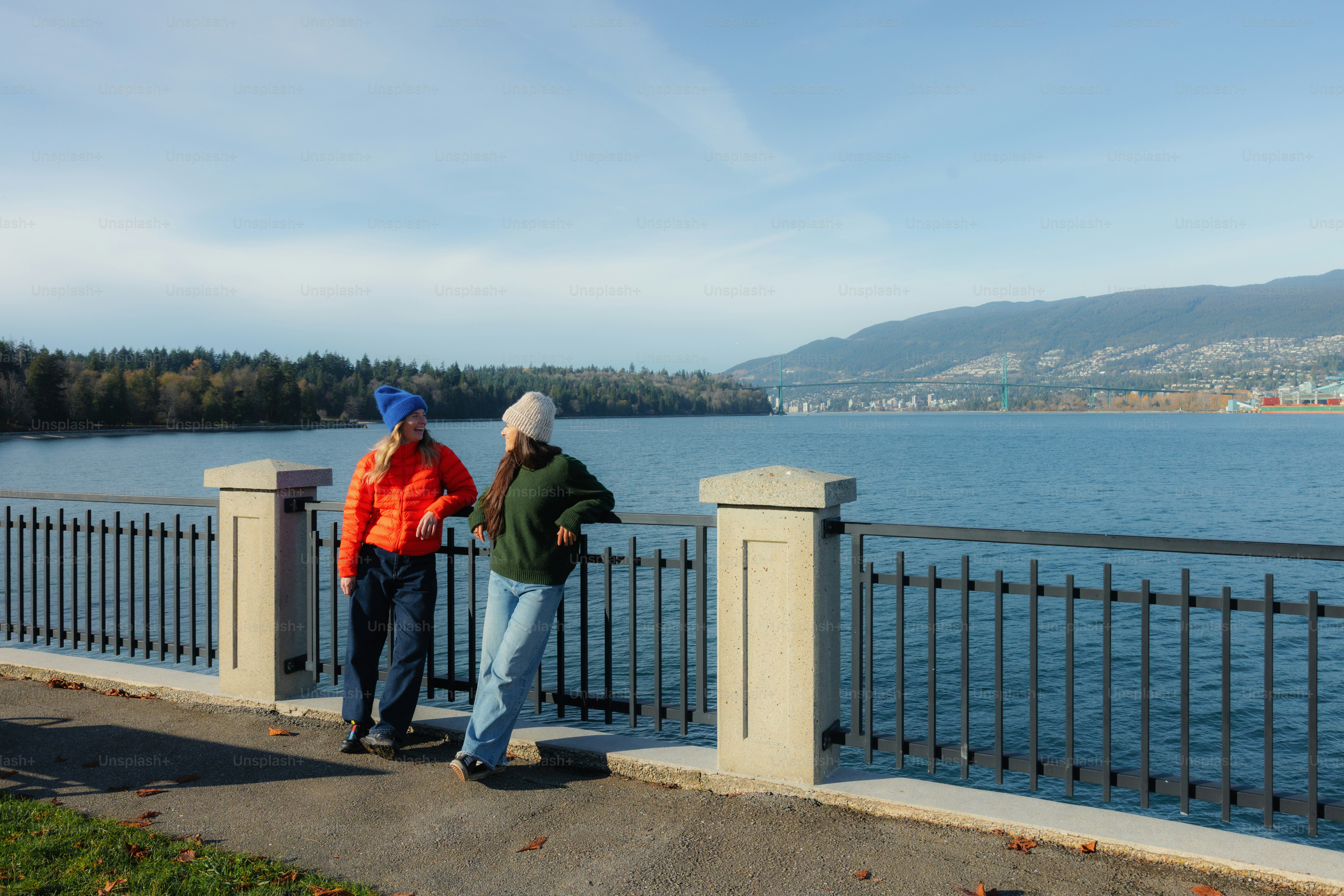 Two people leaning on a fence by a lake.