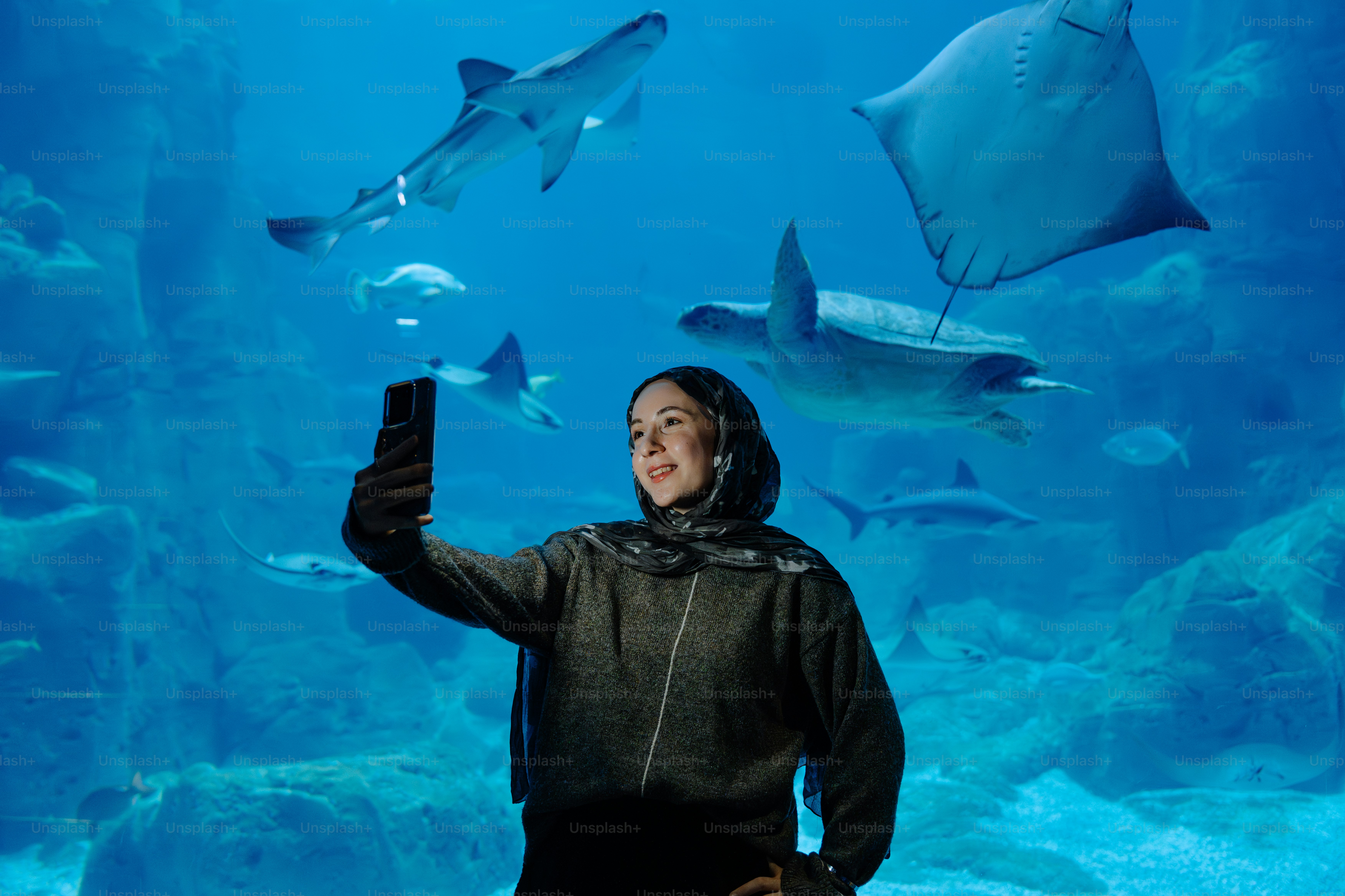 Woman takes selfie with sharks and stingray in aquarium