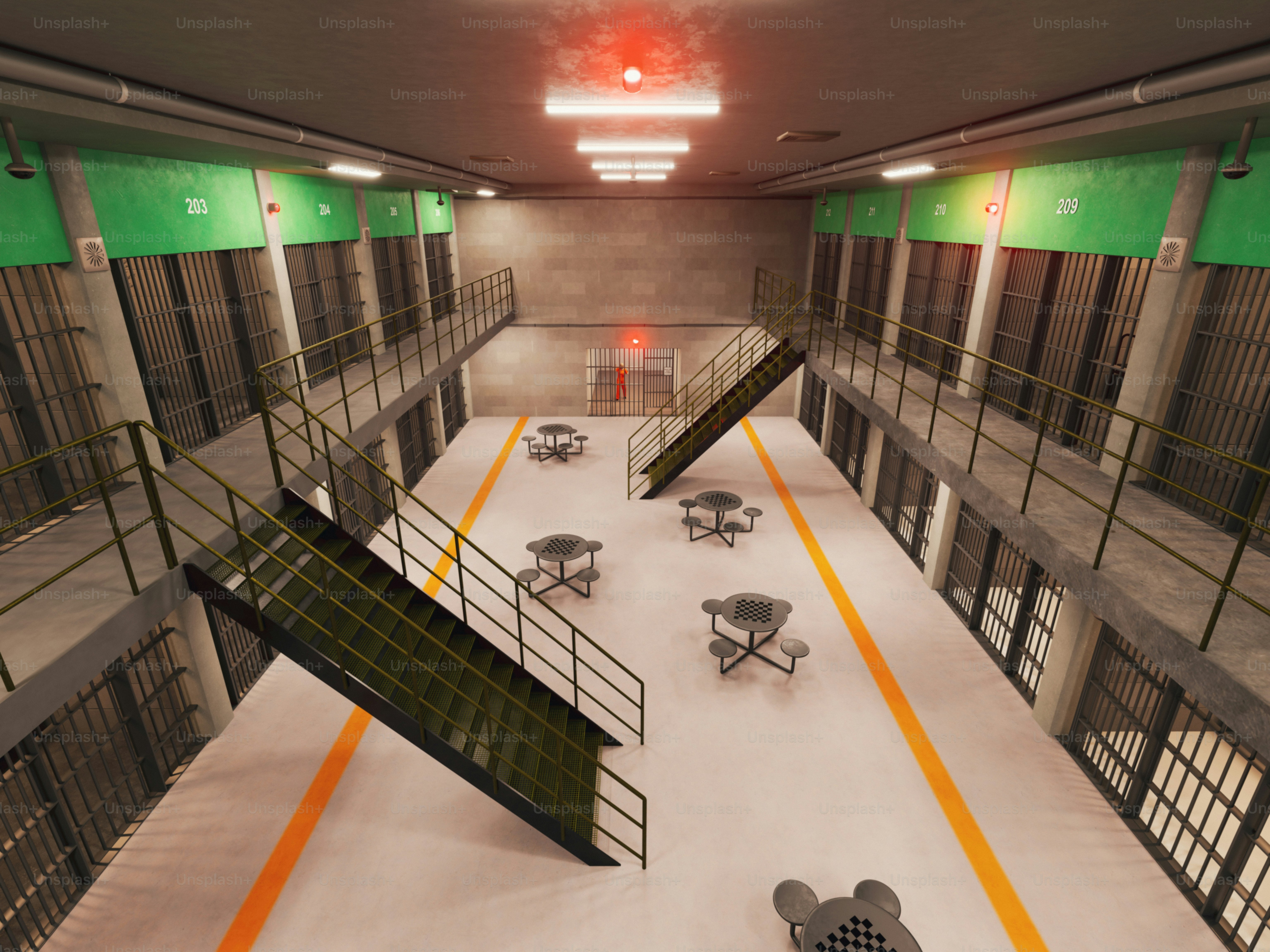Interior of a prison block with cells and tables photo – Interior Image ...