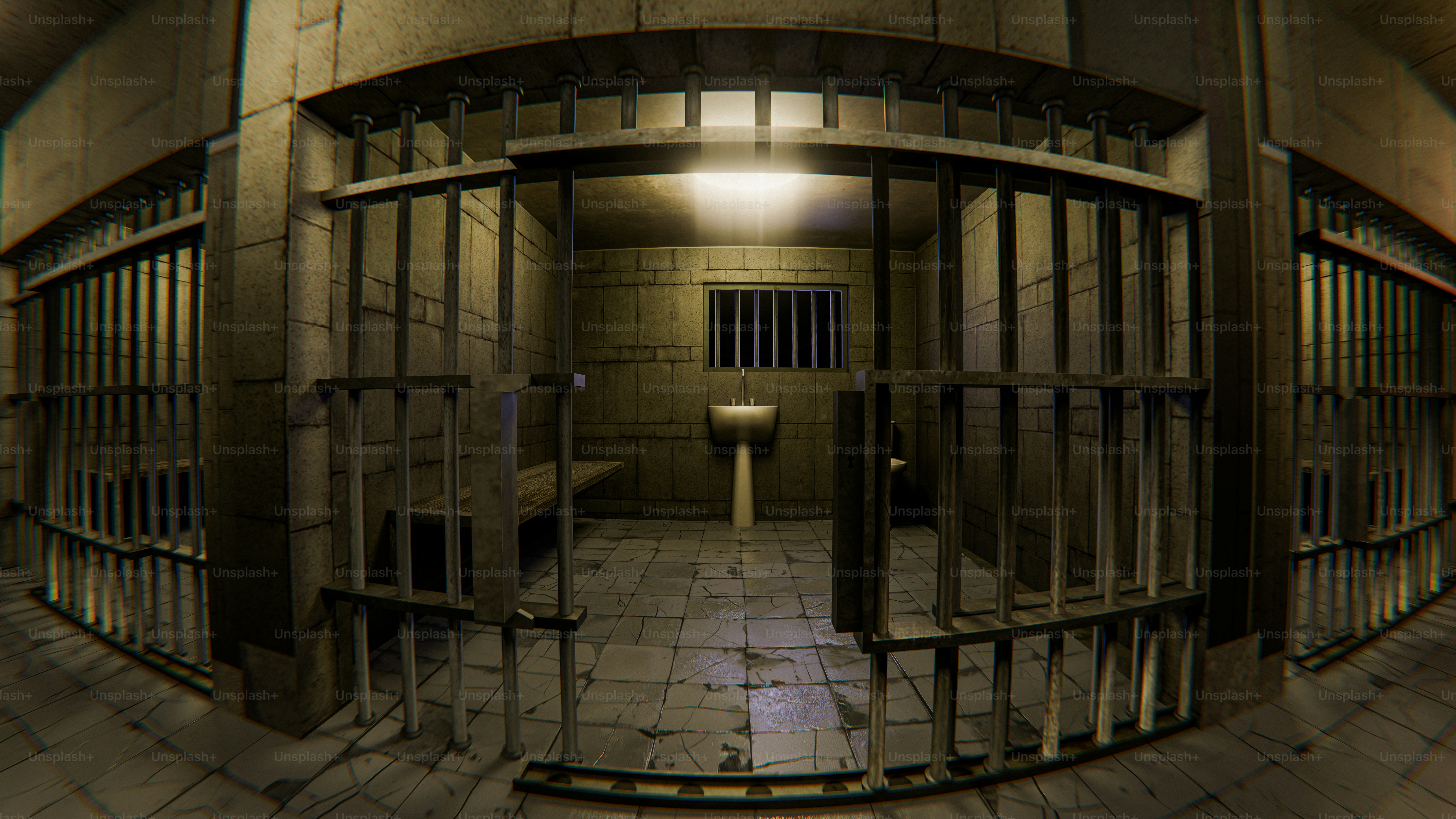 Empty prison cell with bars and a sink.