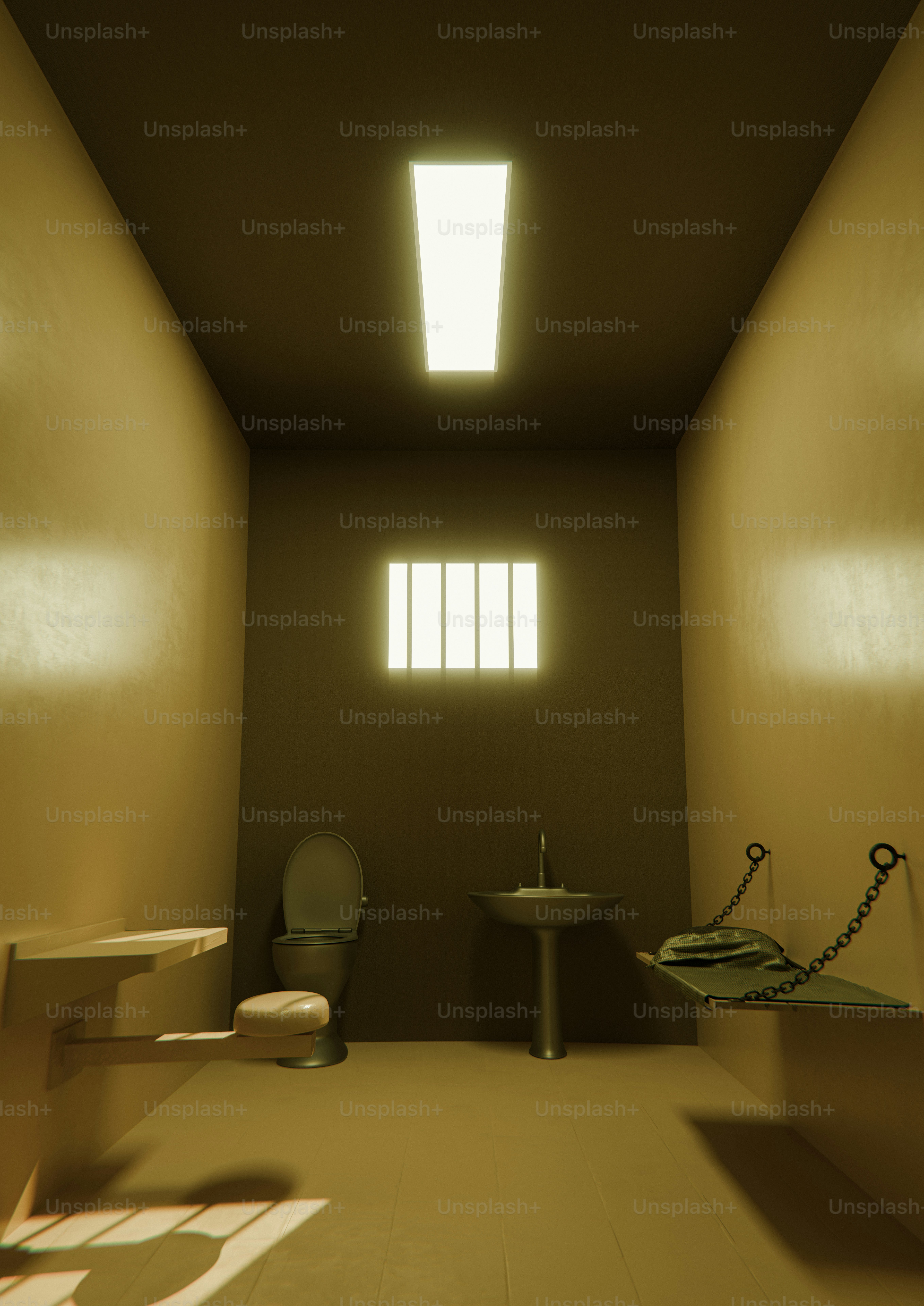 A stark prison cell with a toilet and bed. photo – 3d render Image on ...