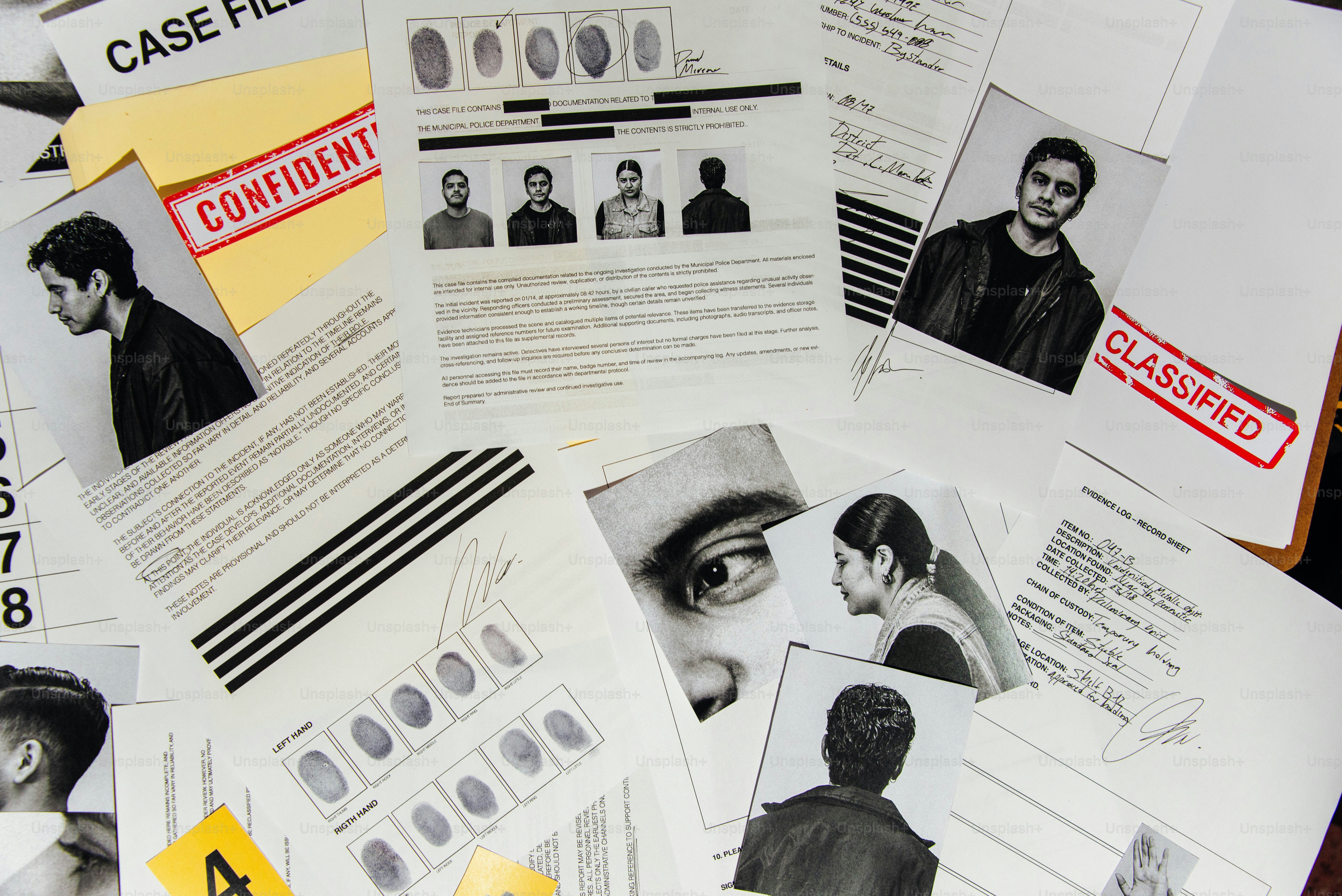 Dossiers d’enquête sur la scène de crime avec photos et empreintes digitales