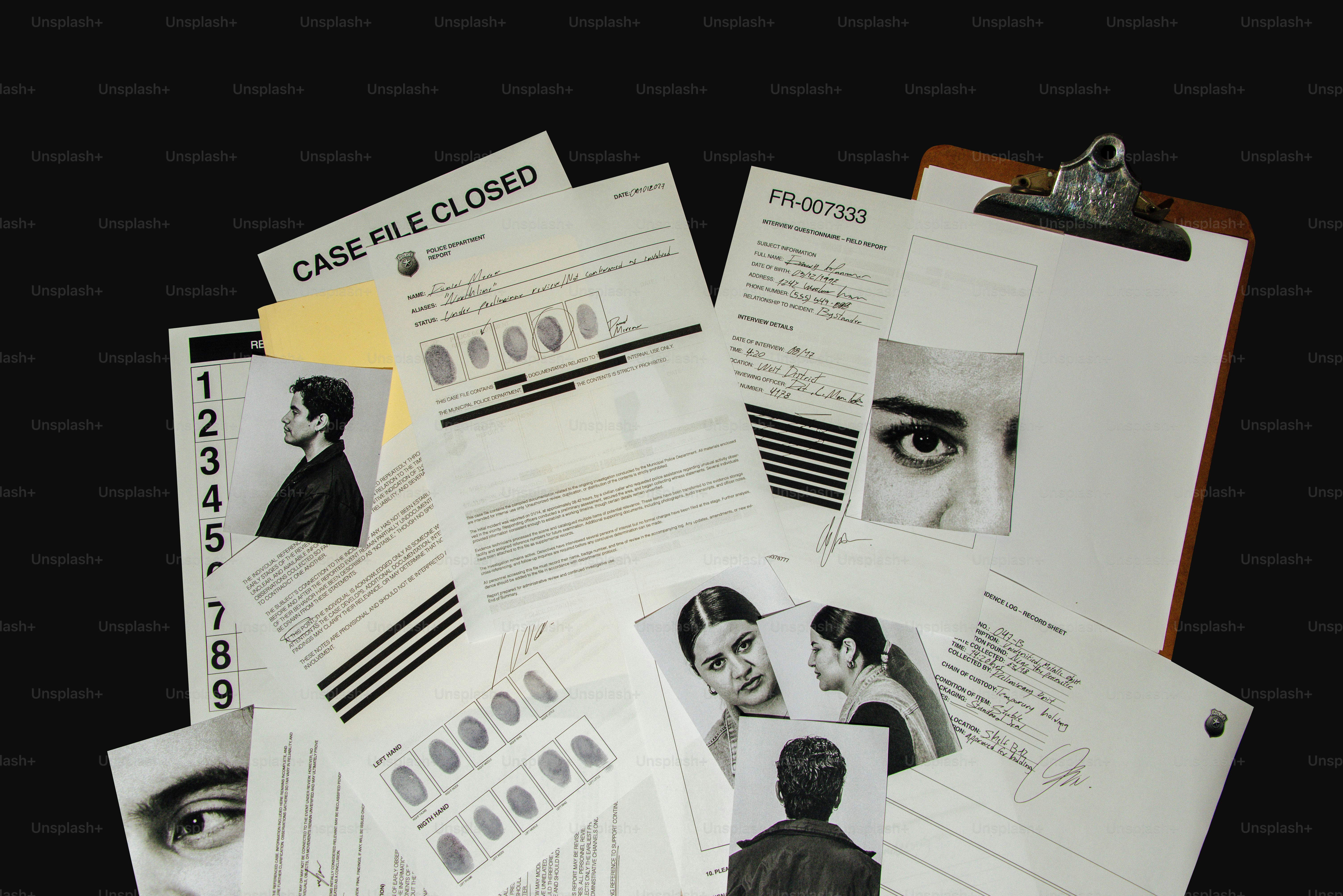 Crime scene documents and evidence with fingerprints