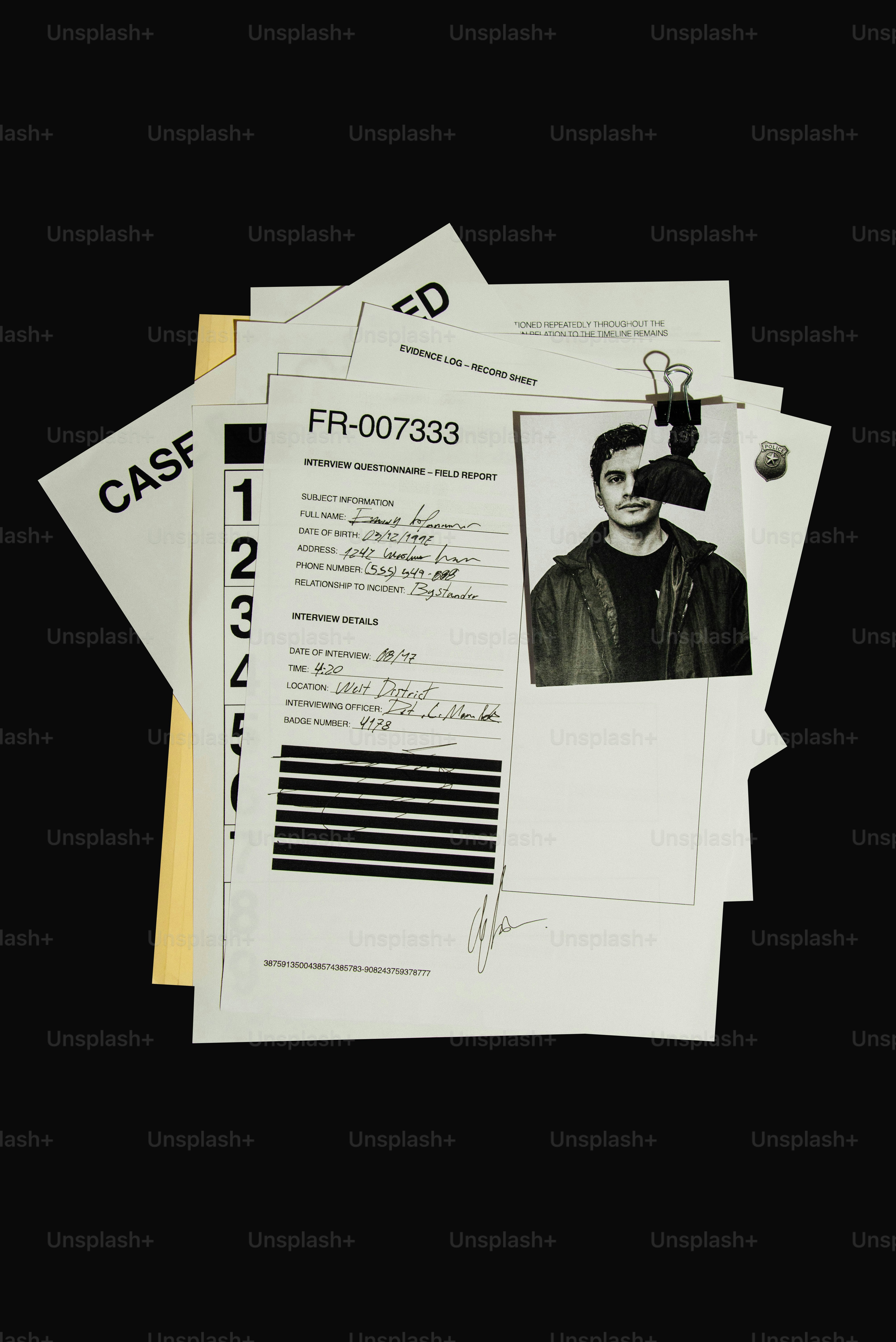 Police file with suspect's photograph and documents