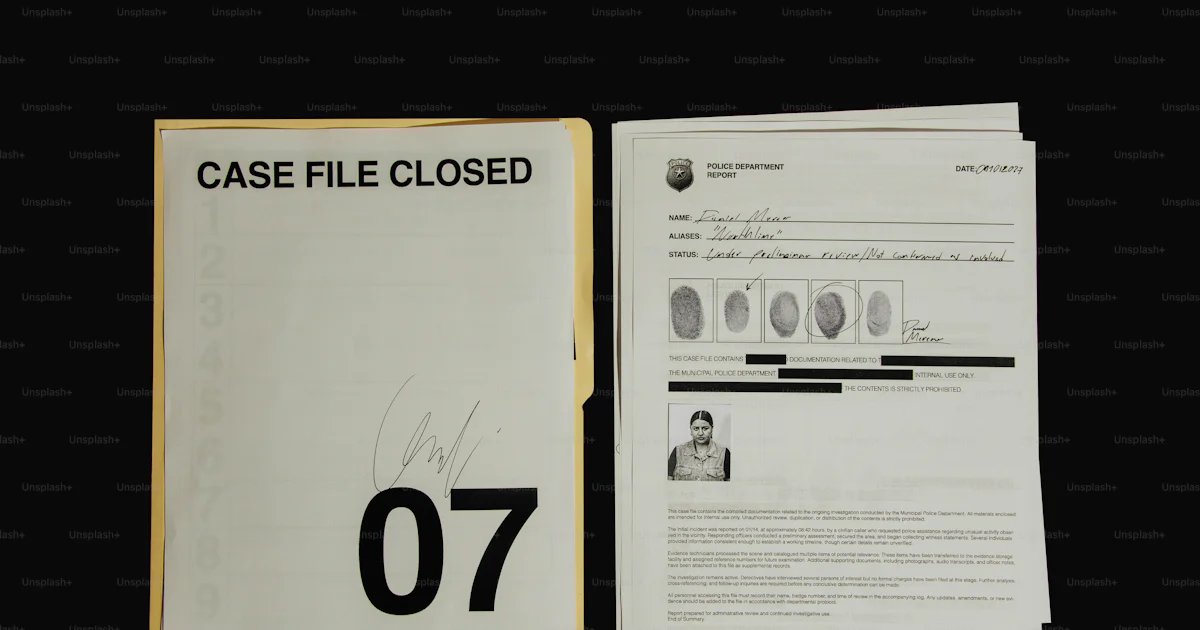 Case file closed with fingerprint and personal documents. photo ...