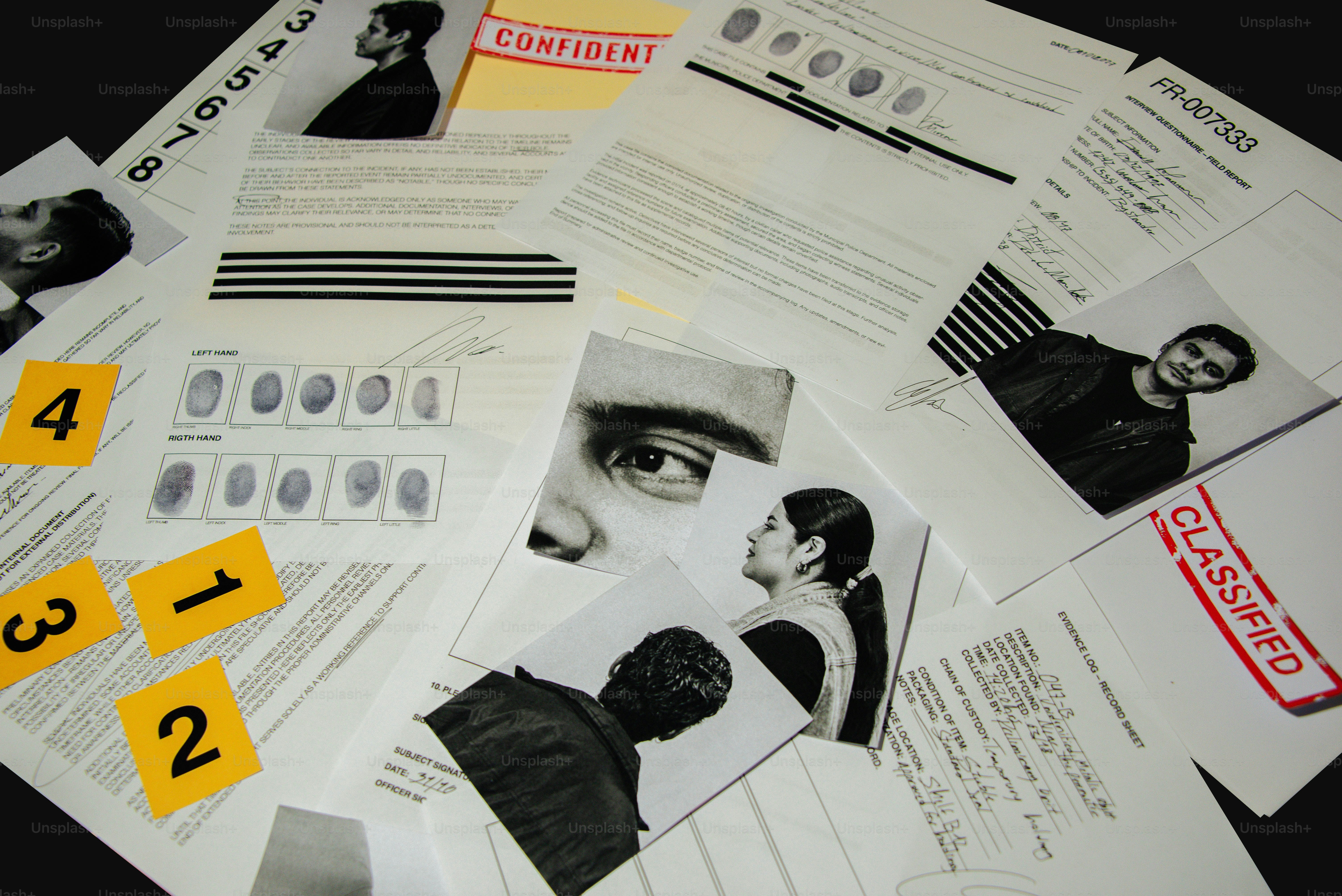 Preuves de la scène de crime avec empreintes digitales et photos de suspects