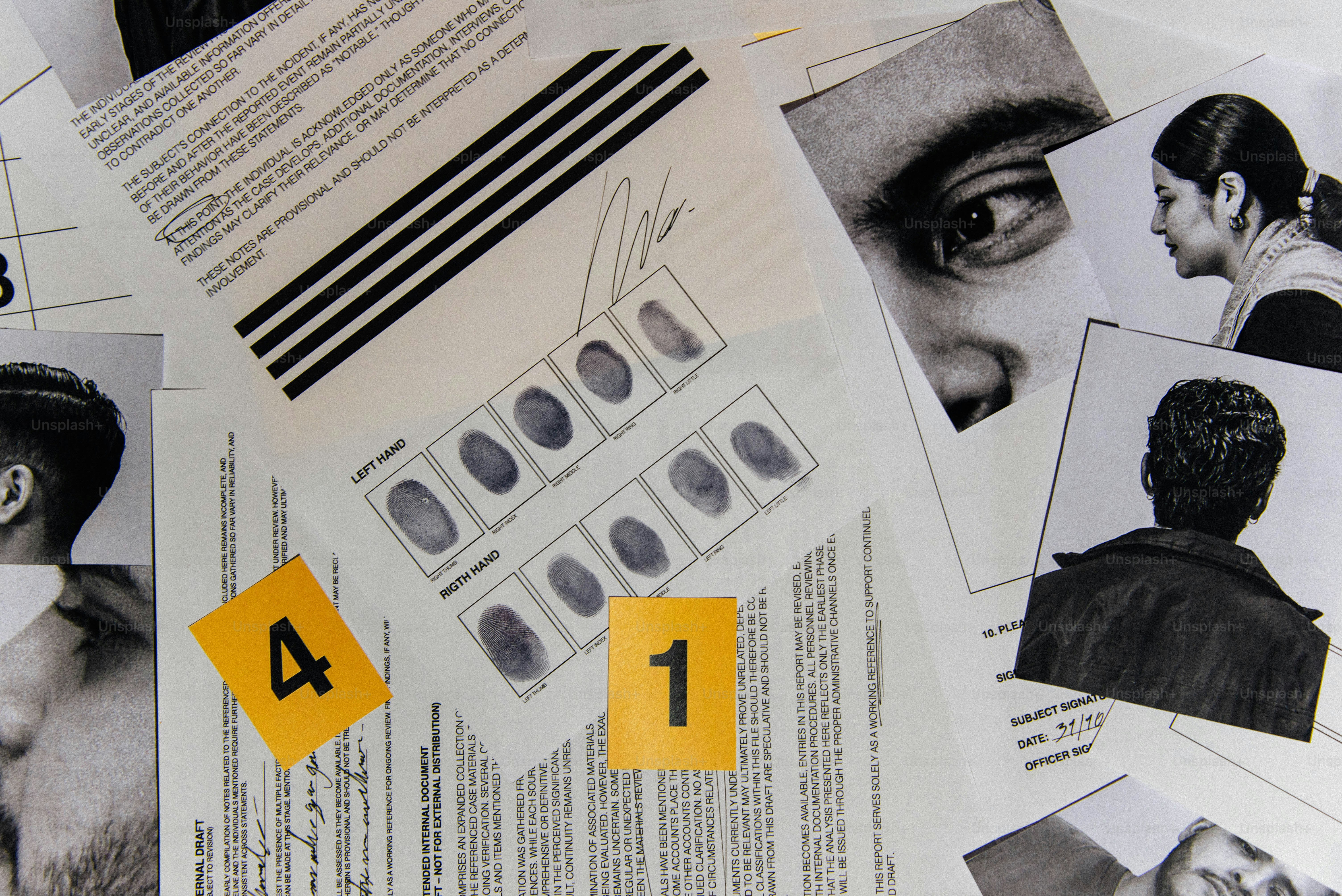 Beweismaterial aus der Tatortuntersuchung mit Fingerabdrücken und Fotos.