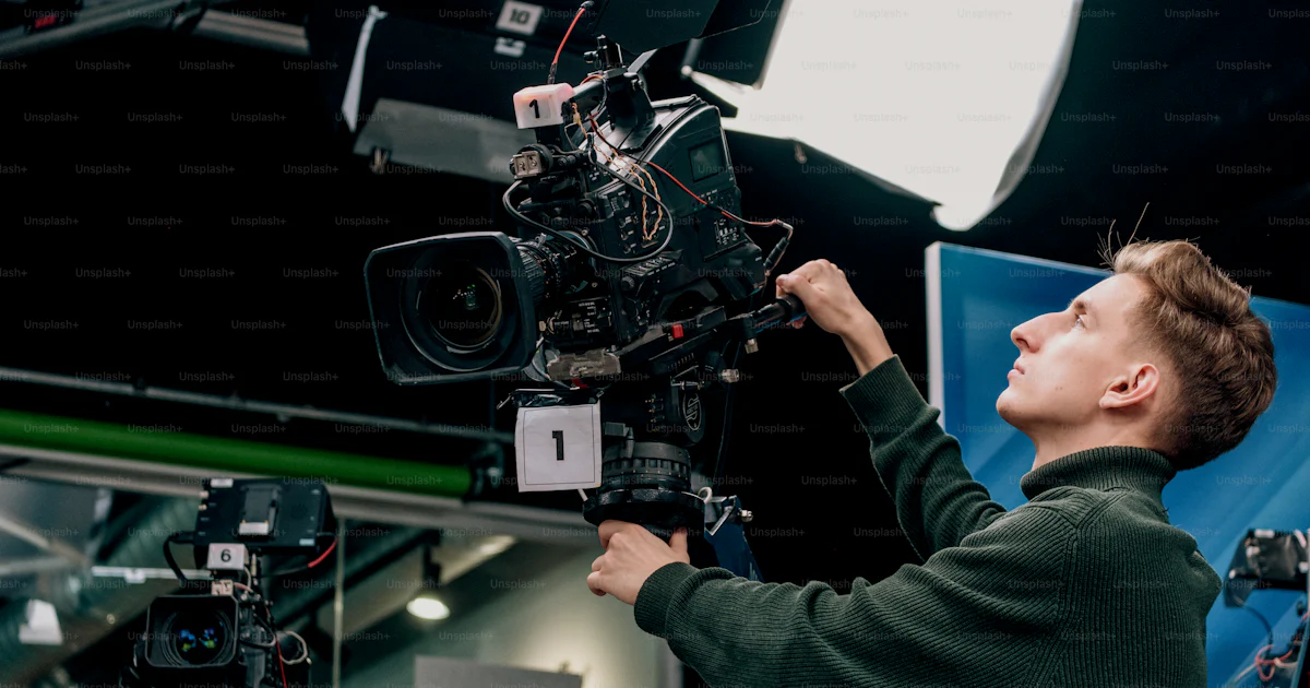 Camera Operating Priniple A man operating a professional video camera in a studio. photo – Camera ...