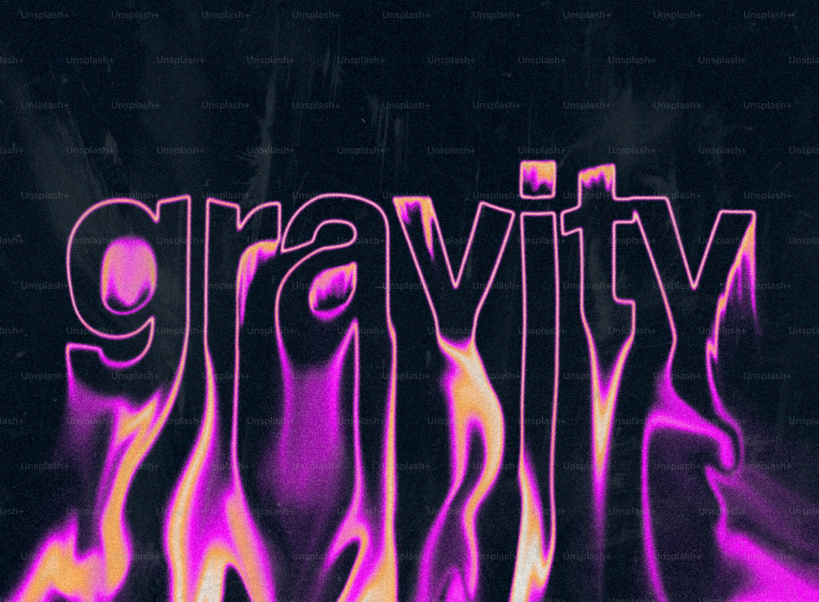 Kata gravitasi ditulis dalam warna merah muda dengan api ungu.