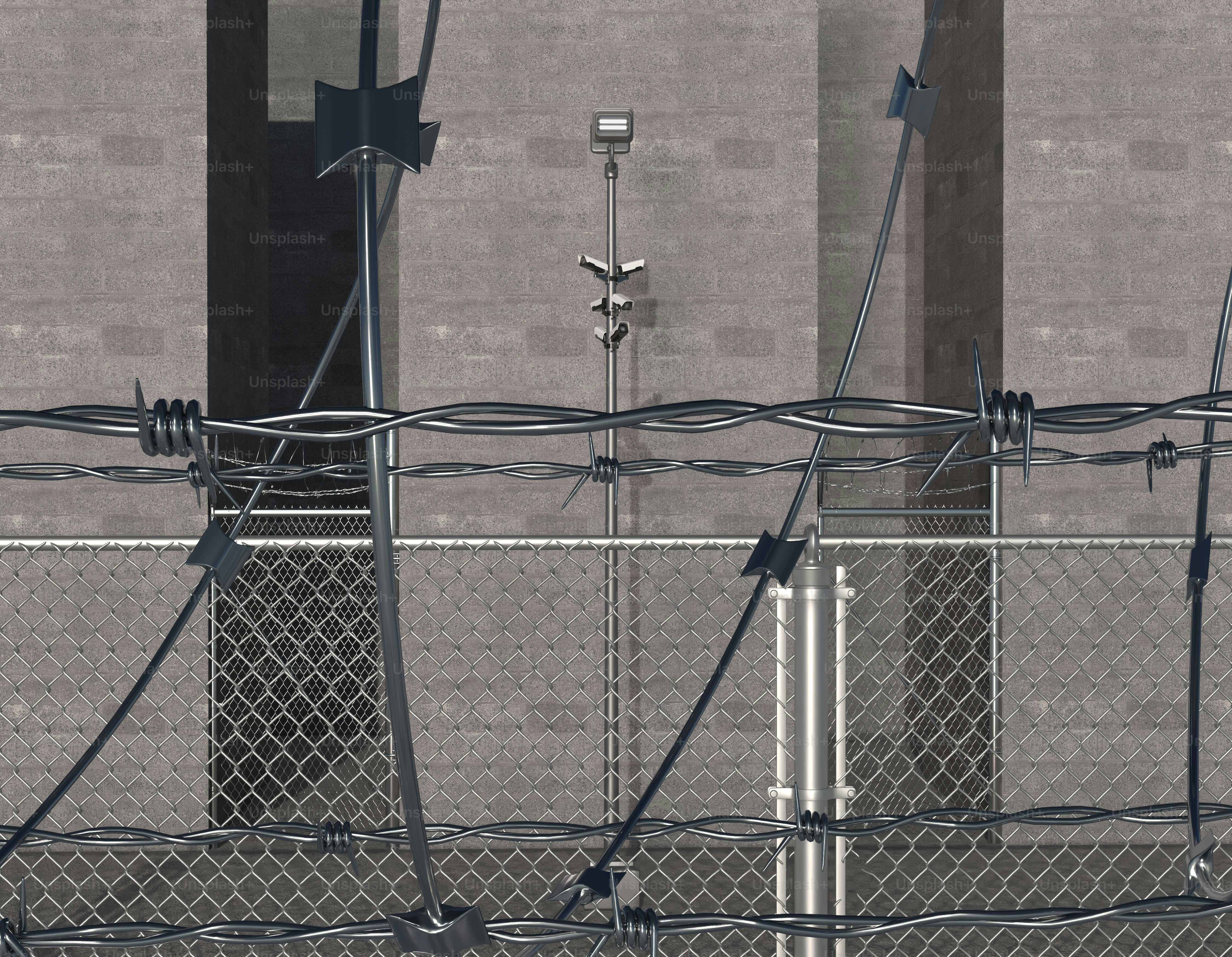 Barbed wire fence with chain link and concrete wall.