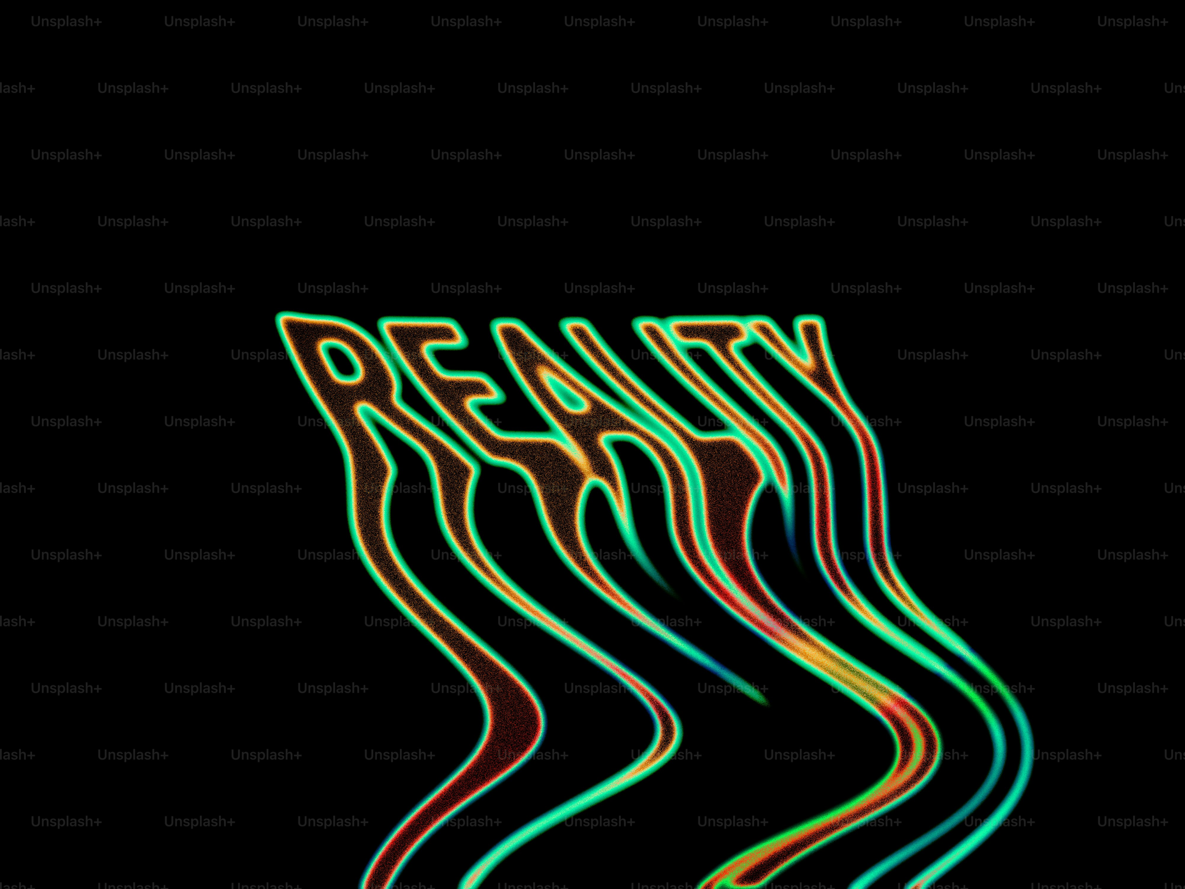 Distorted word reality with neon glow on black.
